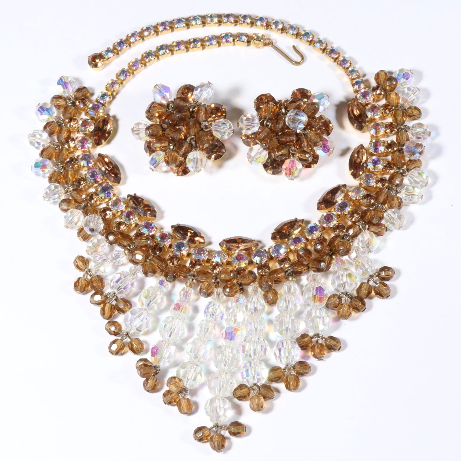 D & E Juliana aurora borealis dangle necklace with amber crystal accents. 16"L x 3 1/4"Drop (1 of 9)