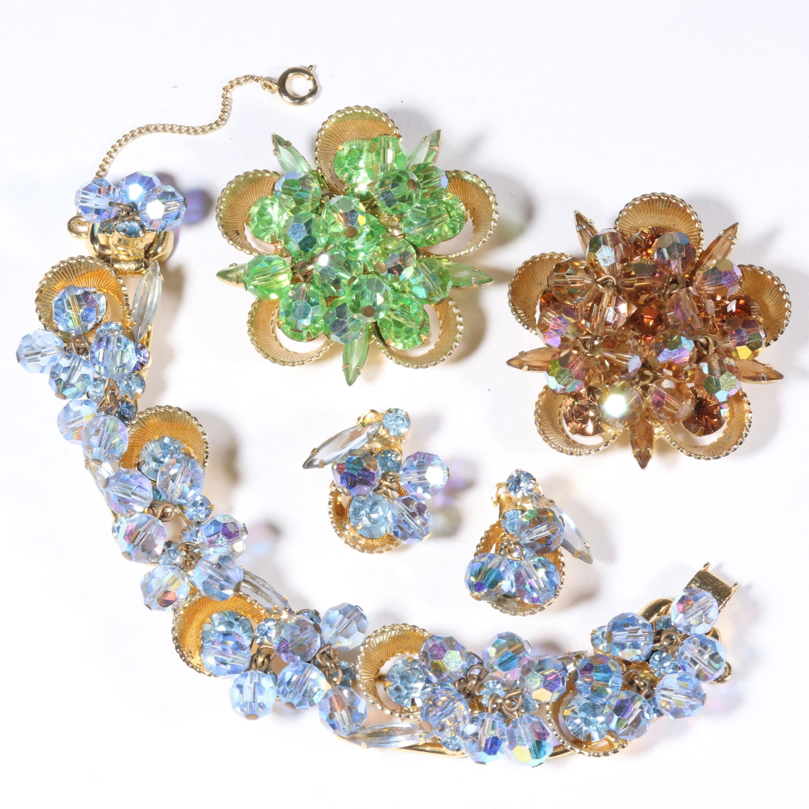D & E Juliana rhinestone crystal dangle bracelet and matching earrings with pair of dangle brooches. (1 of 7)