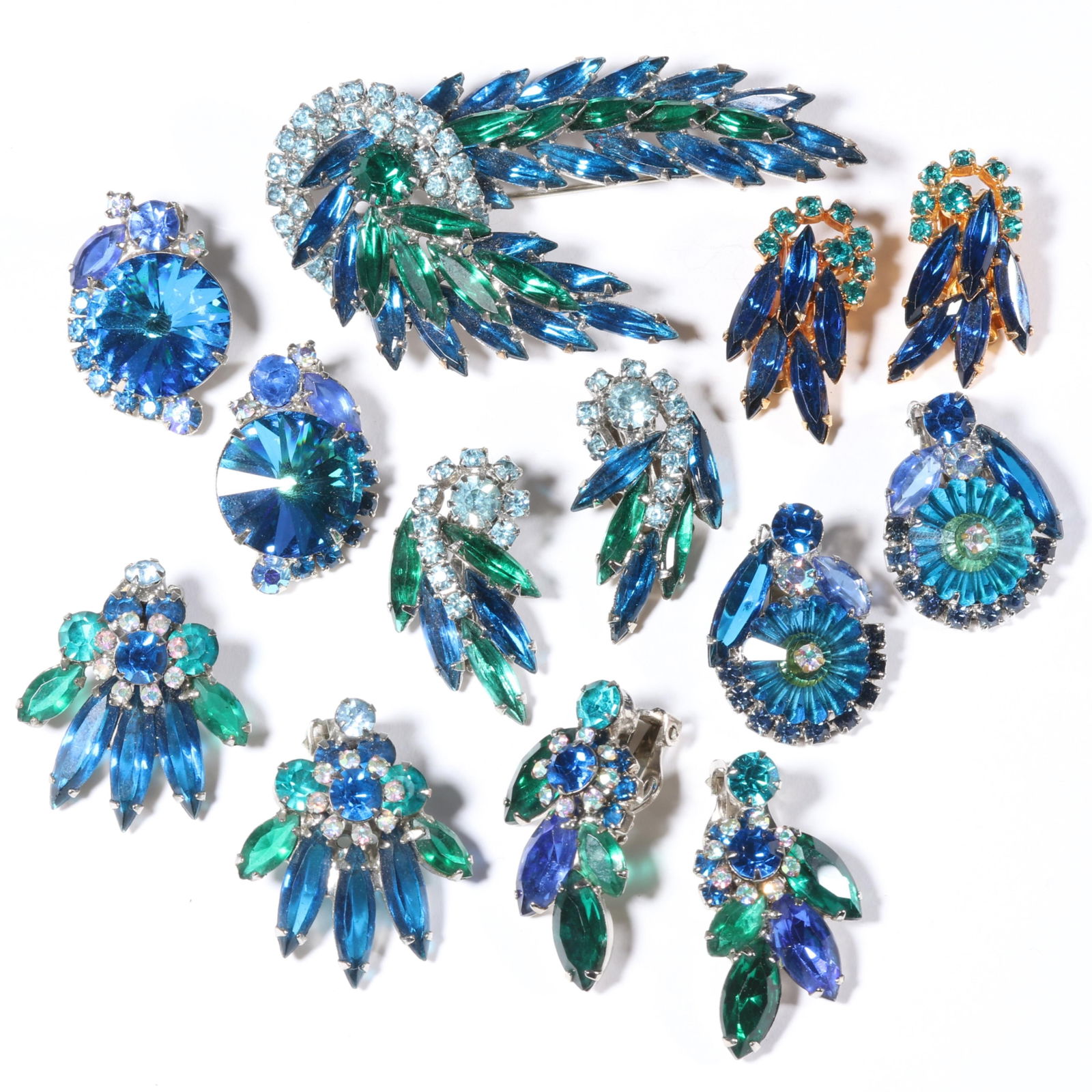D & E Juliana 7pc. shades of blue rhinestone crystal jewelry group. 1 3/4"H x 3"W (brooch) (1 of 9)