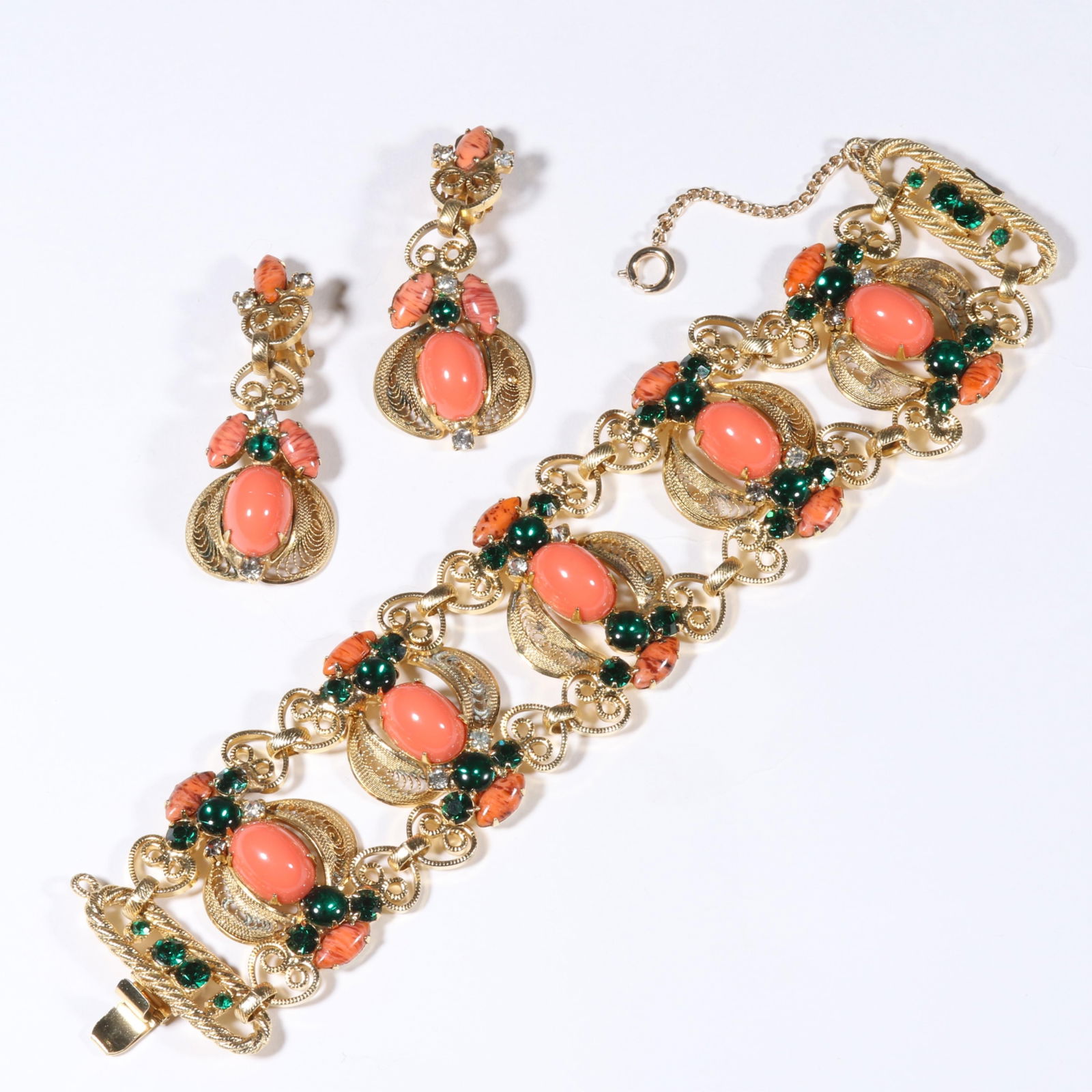 DeLizza & Elster Juliana ornate bracelet and matching earrings with coral colored cabochons, art (1 of 8)