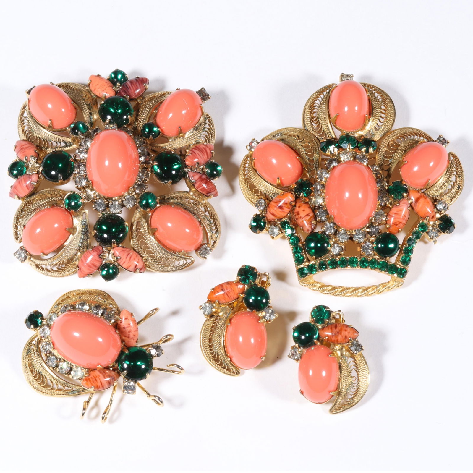 DeLizza & Elster Juliana matching group of brooches with bug brooch and earrings with coral colored (1 of 9)