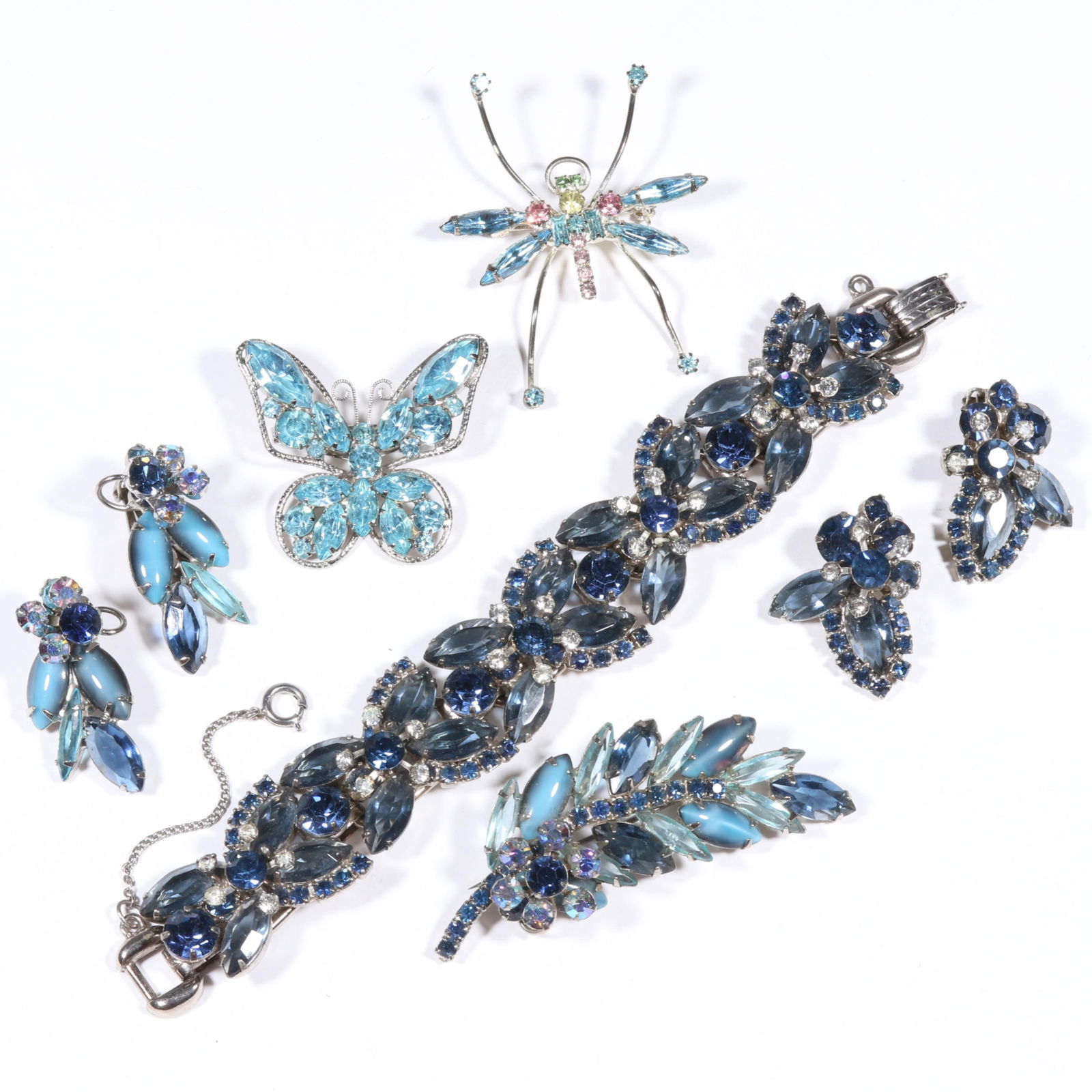 D & E Juliana 6pc. blue rhinestone crystal jewelry group with bug brooches. 7 1/4"H x 1"W (bracelet) (1 of 10)