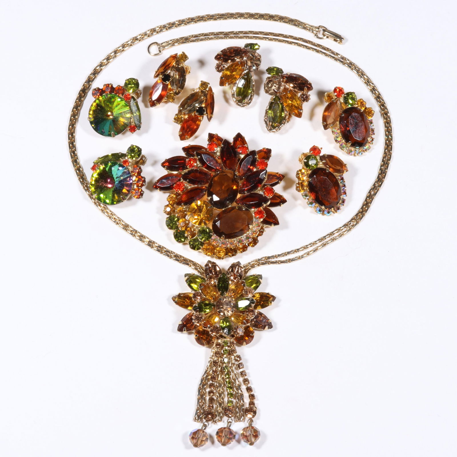D & E Juliana 6pc. autumnal rhinestone crystal costume jewelry group. 19"L x 3 1/4"Drop (necklace) (1 of 10)