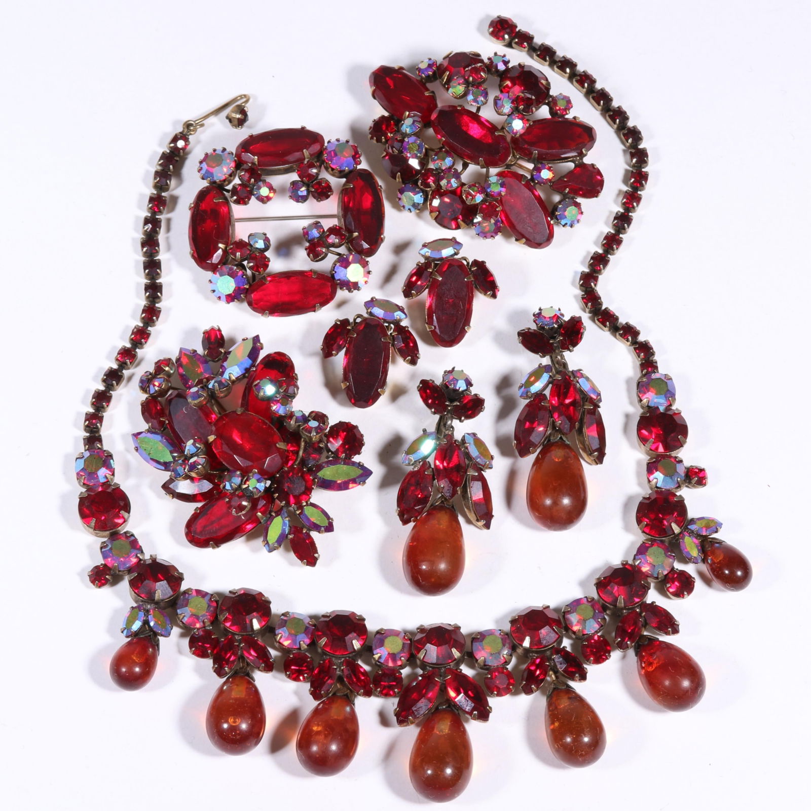 Vintage Regency signed and unsigned red and orange art glass and rhinestone crystal jewelry group. (1 of 10)
