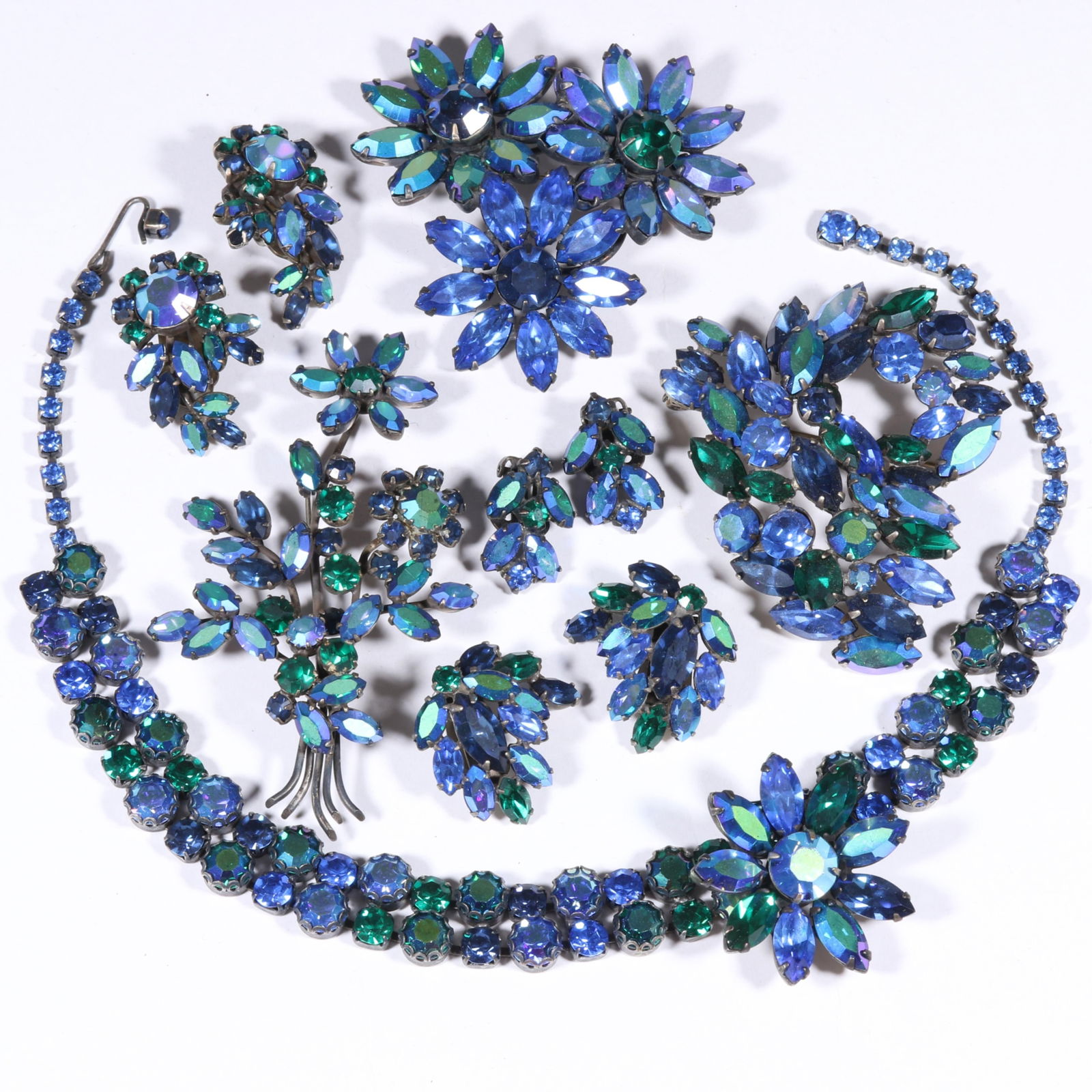 Vintage Regency signed and unsigned green and blue rhinestone crystal jewelry group. 15"L x 1 1/2"W (1 of 10)