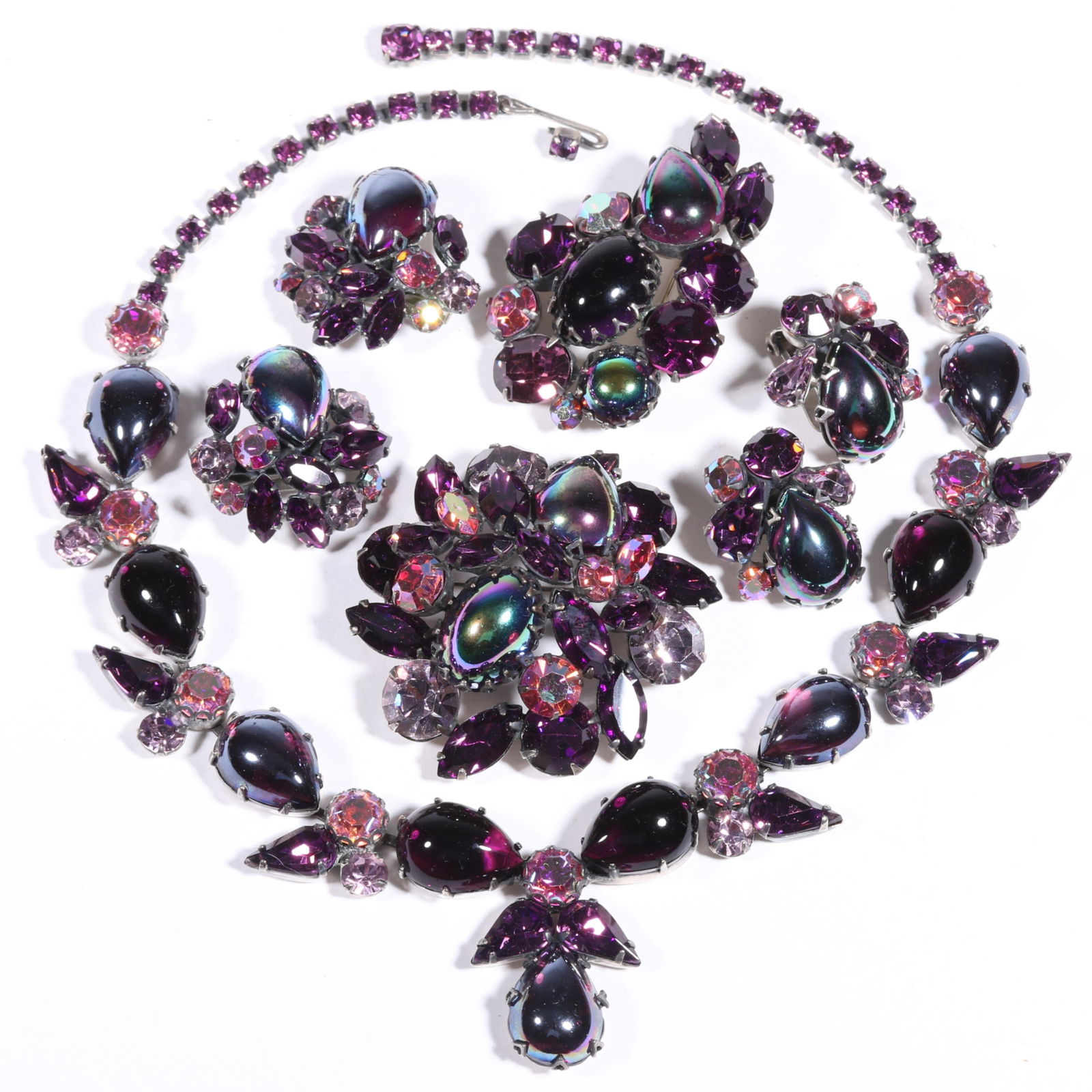 Vintage Regency signed and unsigned purple cabochon and rhinestone crystal jewelry group. 16 1/4"L x (1 of 11)