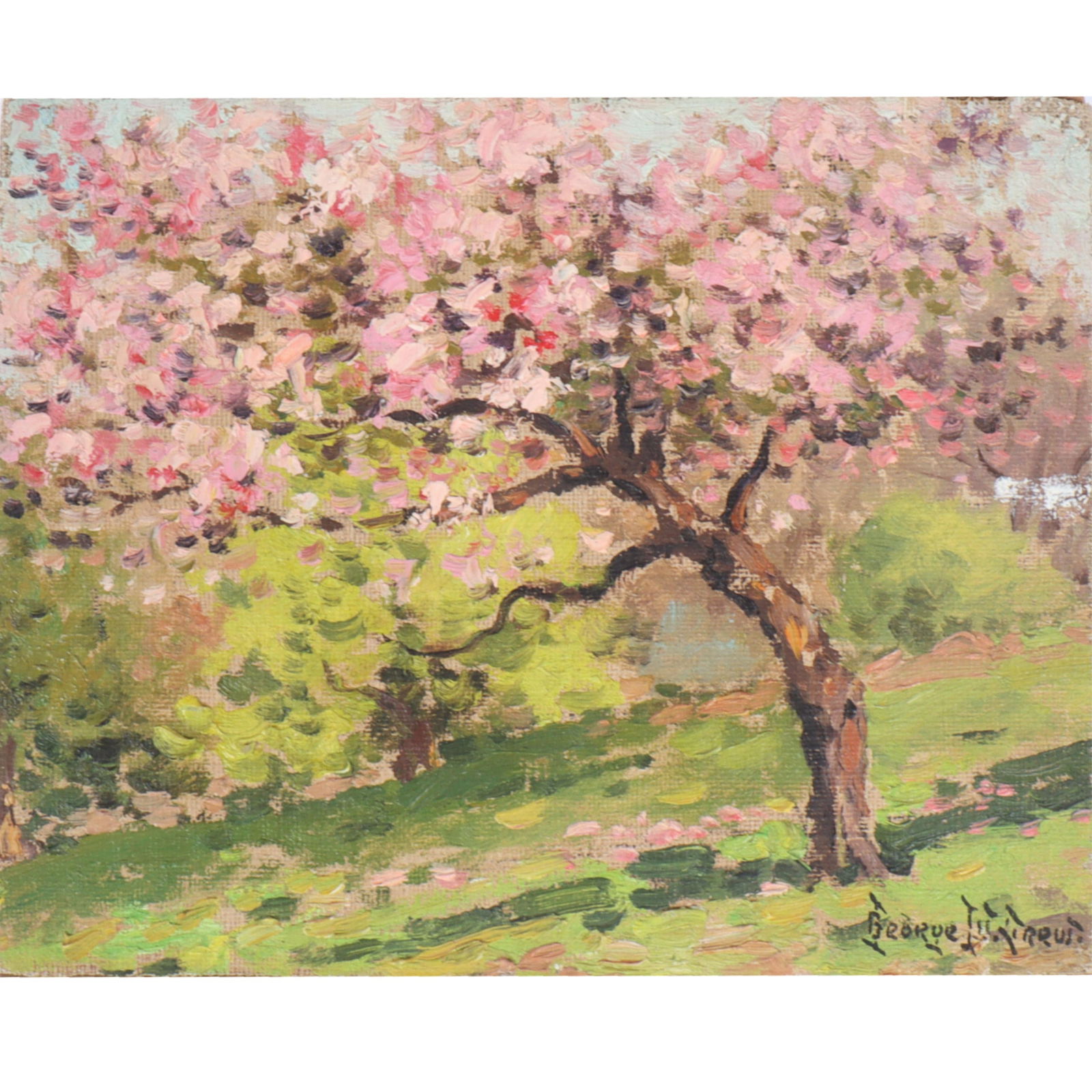 George W. Drew, New York (1875-1968), landscape with cherry blossom tree, oil on canvas mounted on (1 of 9)