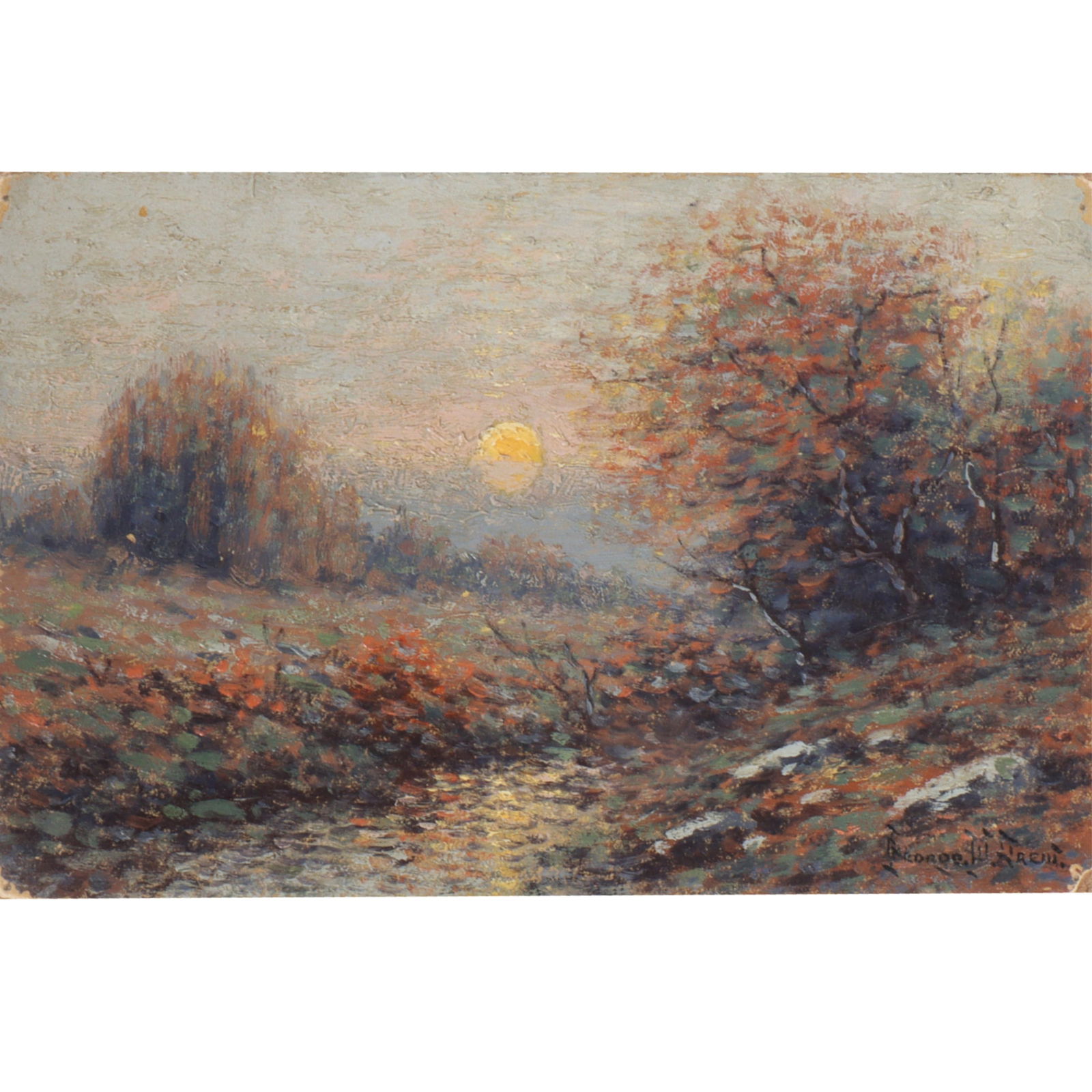 George W. Drew, New York (1875-1968), landscape with sunset, oil on board, 5"H x 7 1/2"W (1 of 9)