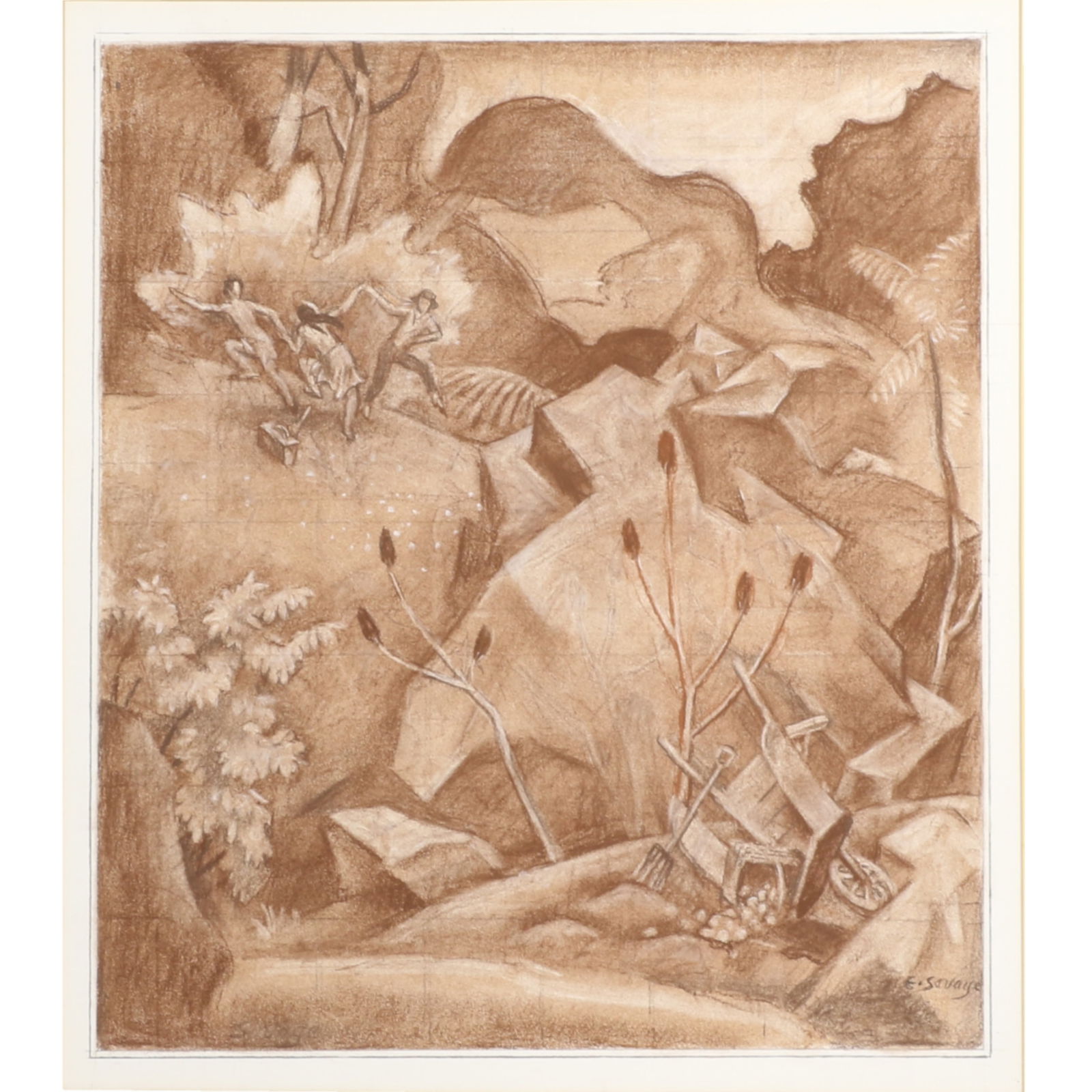 Eugene Francis Savage, American (1883 - 1978), rocky landscape with harvest dancers, charcoal and: Eugene Francis Savage American (1883 - 1978) rocky landscape with harvest dancers charcoal and chalk on paper Signed lower right. Biography from the Archives of askART: Eugene Francis Savage, widely k