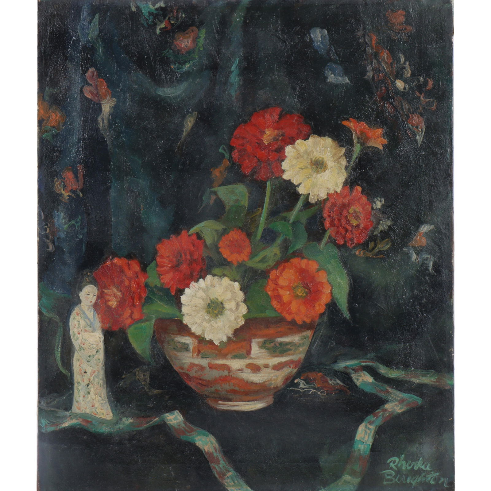 Rhoda Boughton, New Jersey / Maine (1925-2015), "Zinnias in a Chinese Vase" floral still life, oil (1 of 8)