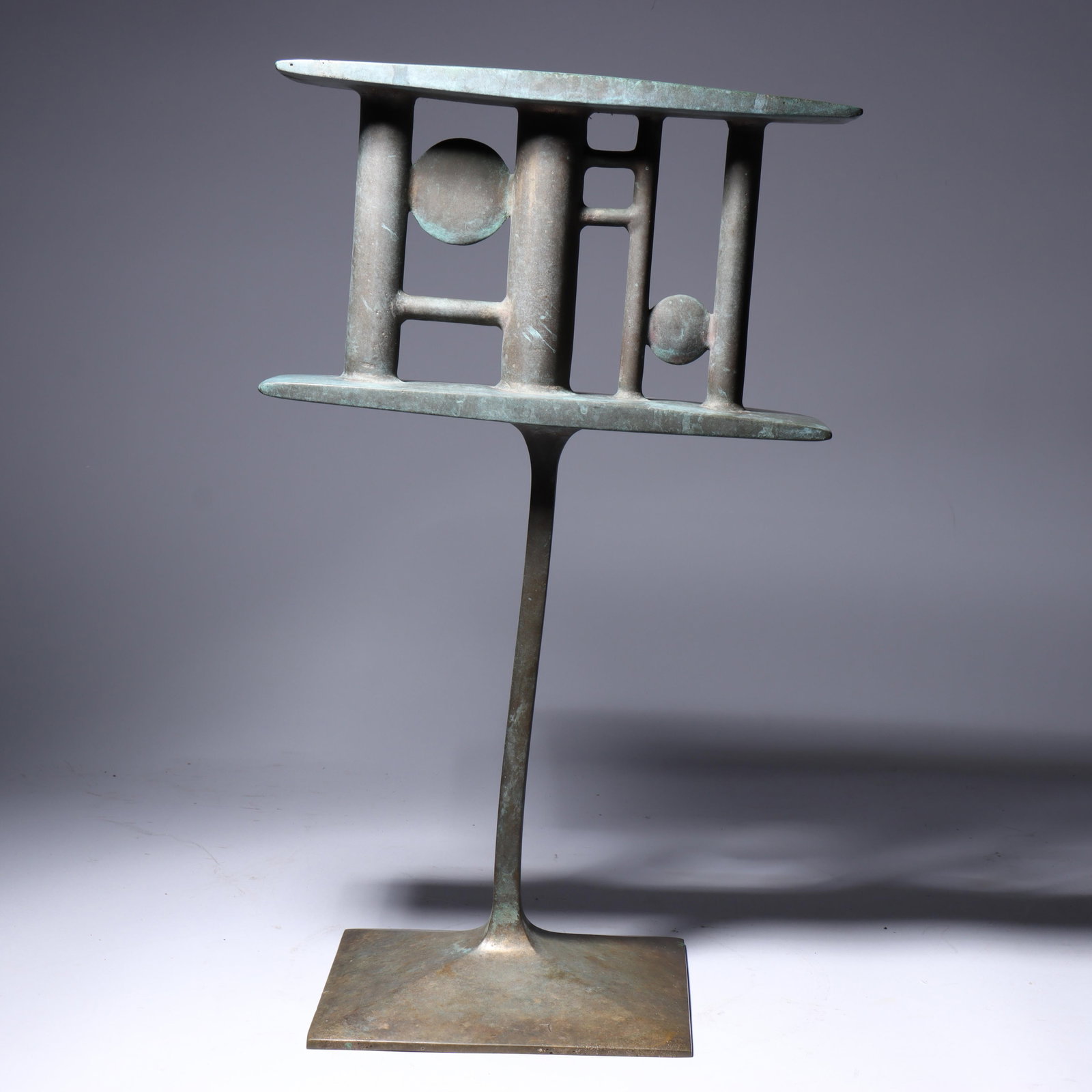 Edgar Tafur, (Ohio, Latin America) (1929-2007), abstract, bronze sculpture, 20"H x 12"W: Edgar Tafur (Ohio, Latin America) (1929-2007) abstract bronze sculpture Stamped signature to base. Slight bend to support. Excerpt from OKCMod.com: multidisciplinary artist, Edgar Tafur, who grew up i