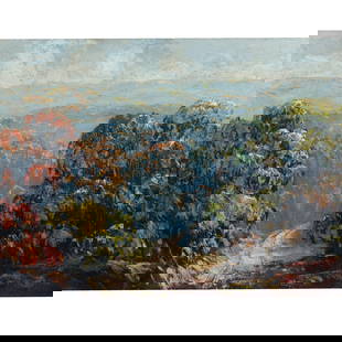 John Wesley Hardrick (Indiana, 1891-1968) autumn landscape with view of Brown County hills: oil on board. 18"H x 24"W (board), 21 1/4"H x 27 1/4"W (frame)This piece is painted on a found board from the Chicago YMCA.Highly important African-American painter from Indianapolis. Hardrick studied
