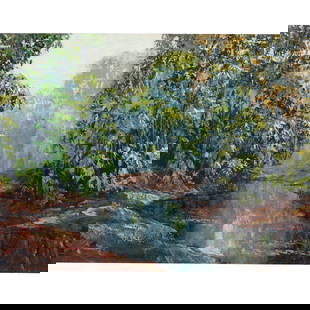 John Wesley Hardrick (Indiana, 1891-1968), summer creek landscape, oil on board: 18"H x 24"W (board), 21 1/4"H x 27 1/4"W (frame)This piece is painted on a found board from the Chicago YMCA.Highly important African-American painter from Indianapolis. Hardrick studied at the John H