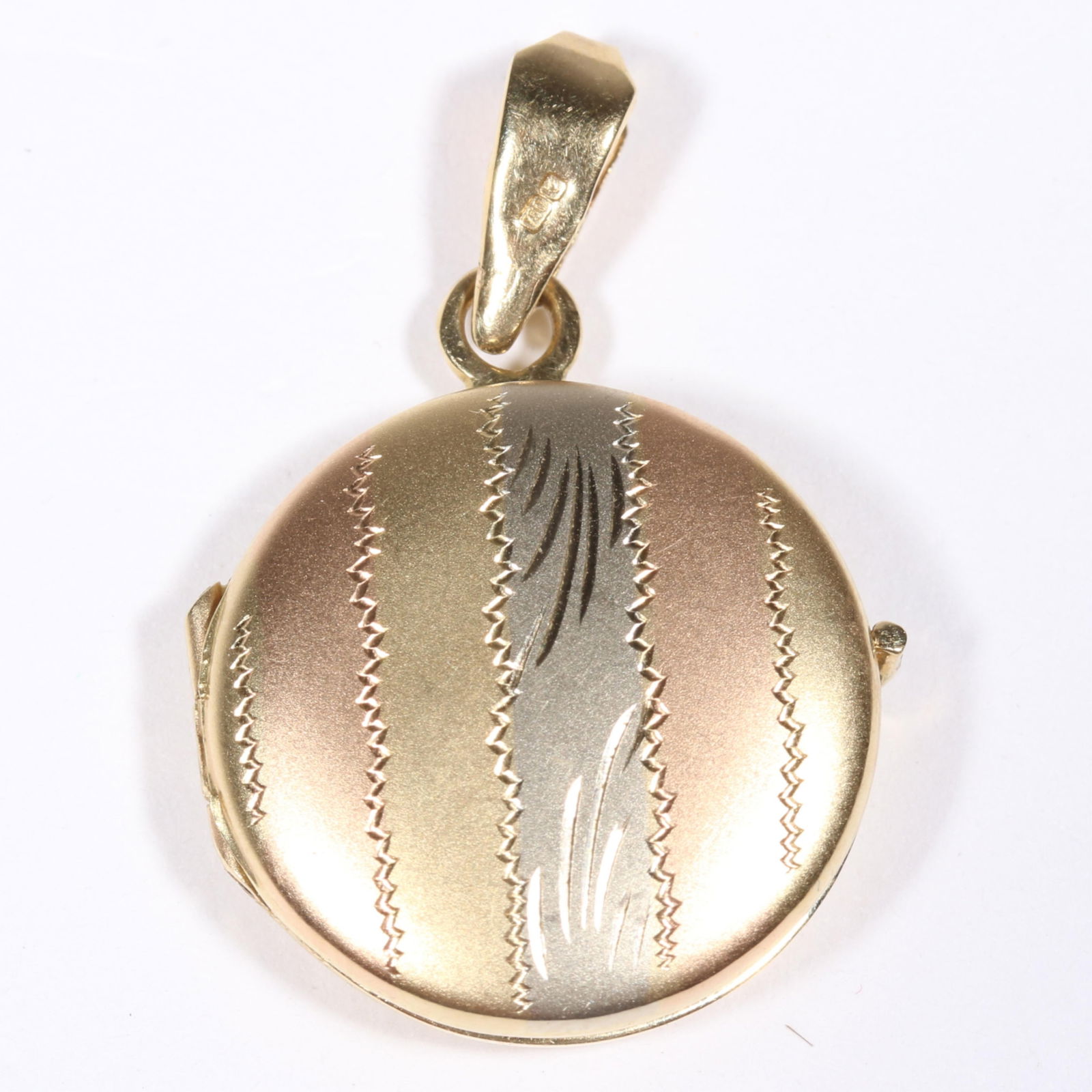 18K tri-color gold locket pendant with etched accents. 1 1/4"H 3/4"W (1 of 6)