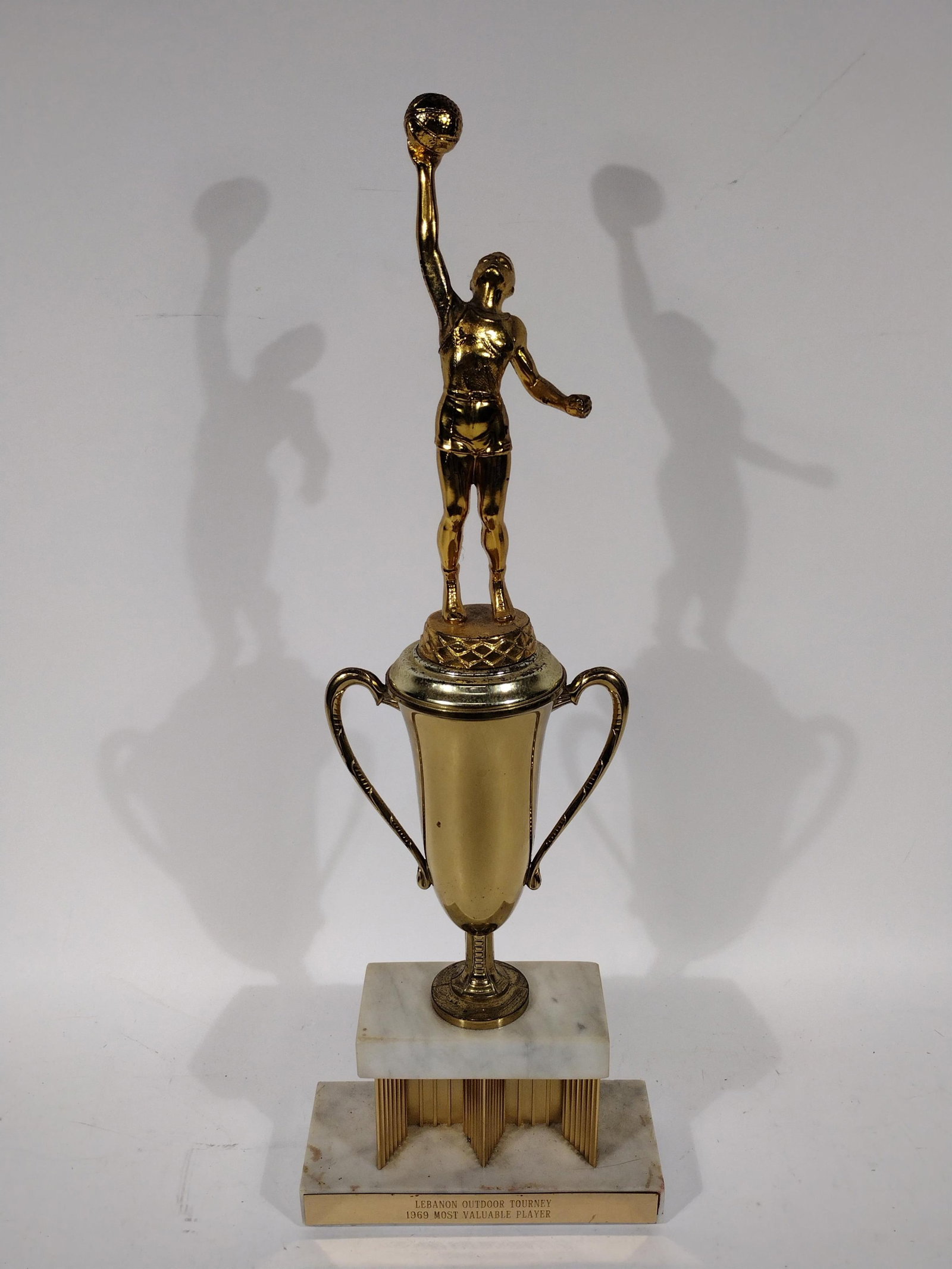 1969 Lebanon Outdoor Tourney Most Valuable Trophy: 1969 Lebanon Outdoor Tourney Most Valuable Trophy Presented to George McGinnis in 1969. The trophy measures aprox 17 inches tall and 6 inches wide. A letter of Authenticity with facsimile signature fr