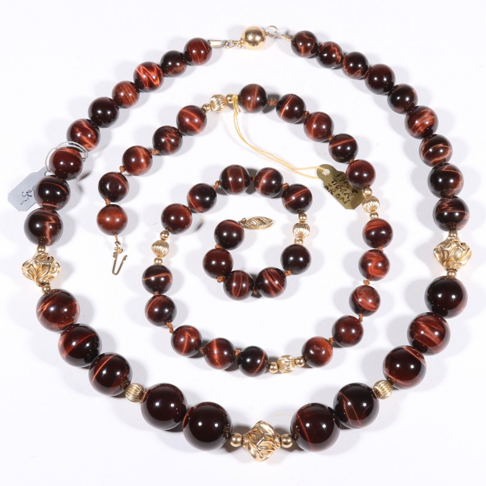 Pair of red tigers eye and 14K yellow gold beaded necklaces. 19 1/2"Long (graduated stone necklace) (1 of 10)