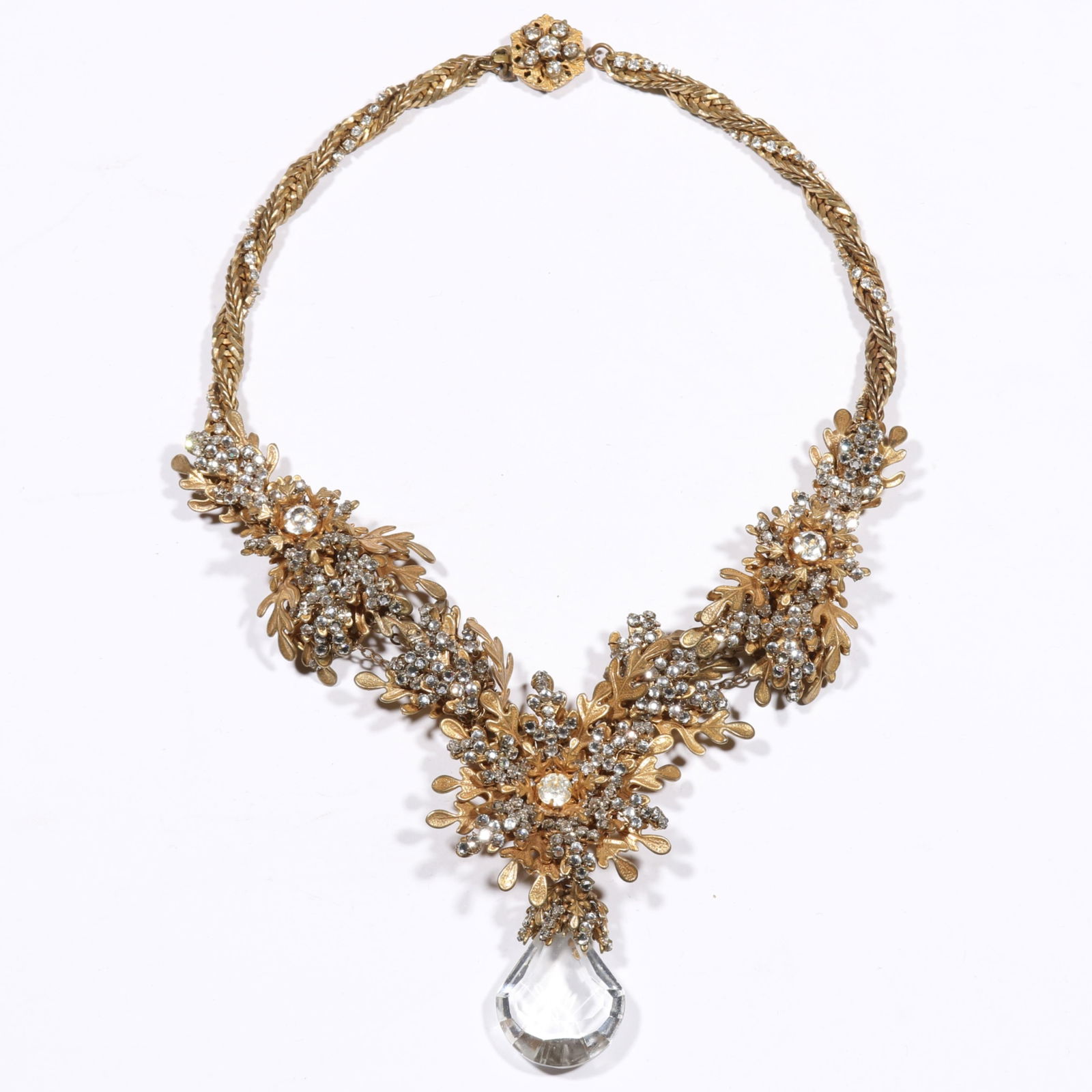 Miriam Haskell ornate oak leaf rhinestone with faceted crystal drop. 15 1/2"L x 3 3/8"Drop (1 of 10)