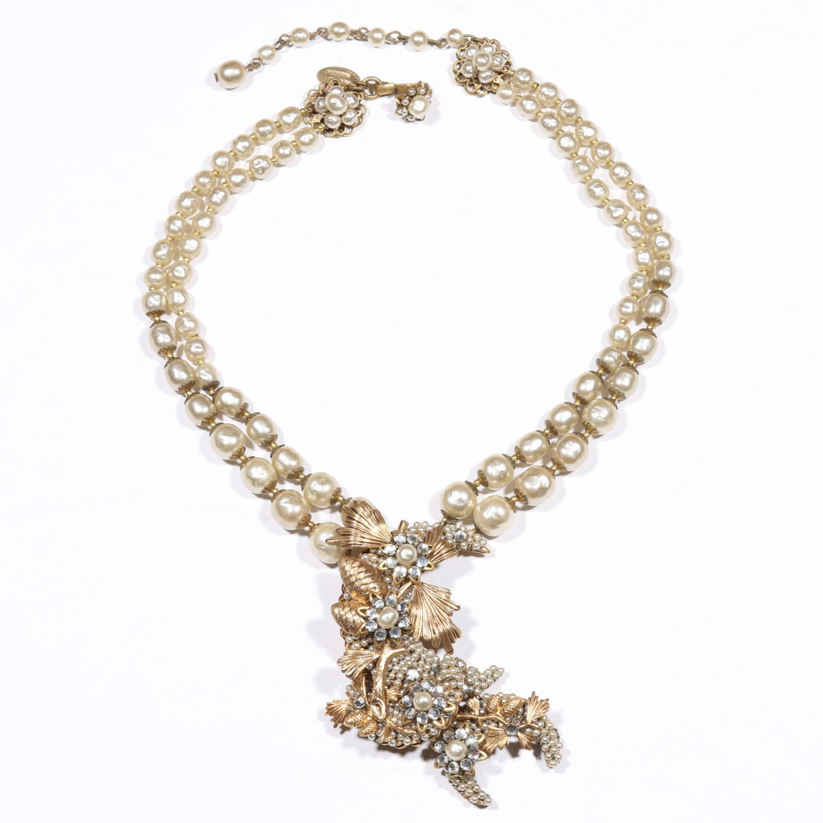Miriam Haskell graduated pearl double strand necklace with seed pearl and rhinestone crystal pendant (1 of 7)