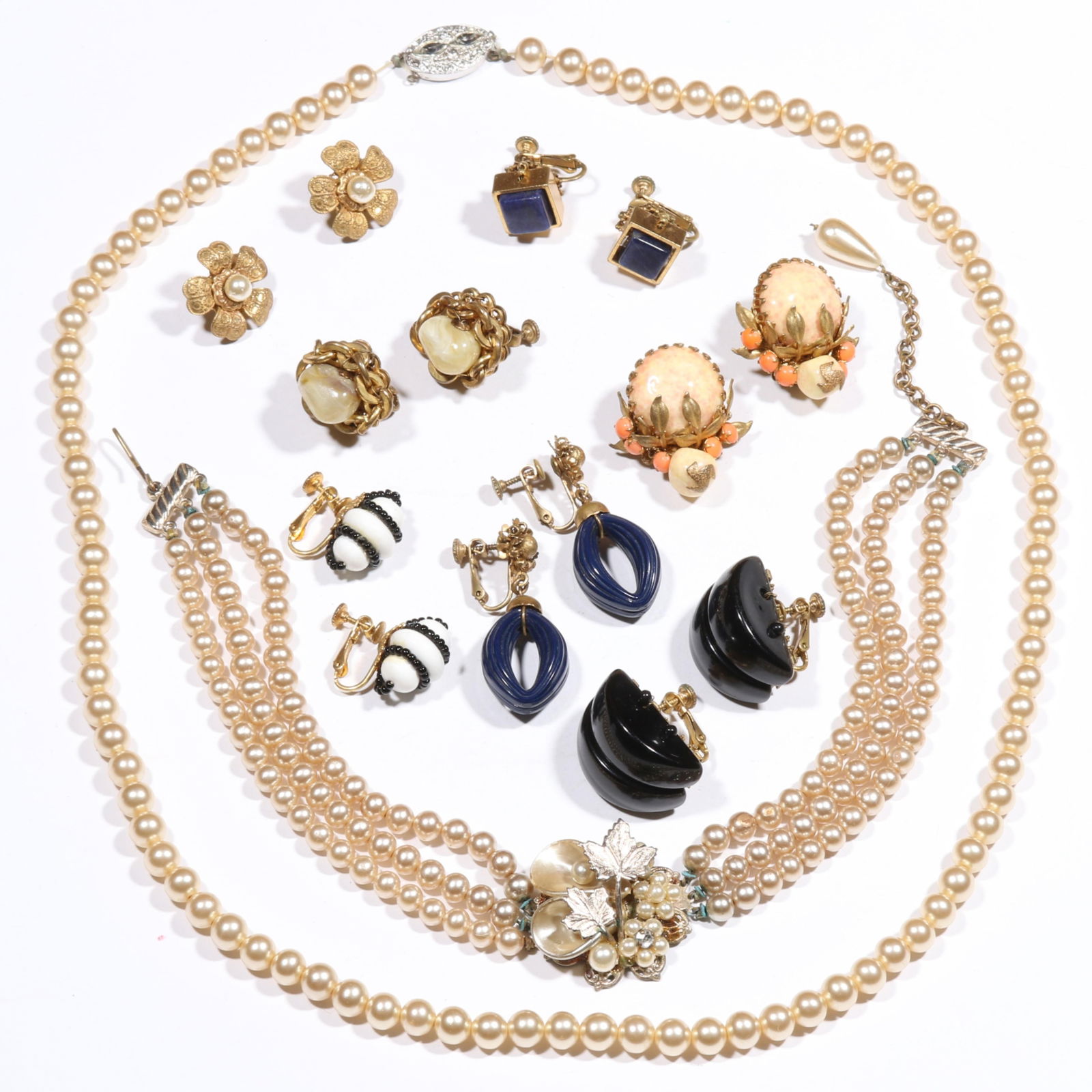 Miriam Haskell earring group with complementary pair of Haskell style pearl necklaces. 14 3/4"L x 1: Miriam Haskell earring group with complementary pair of Haskell style pearl necklaces. Single strand is missing second strand. 14 3/4"L x 1 1/4"W (triple strand necklace)