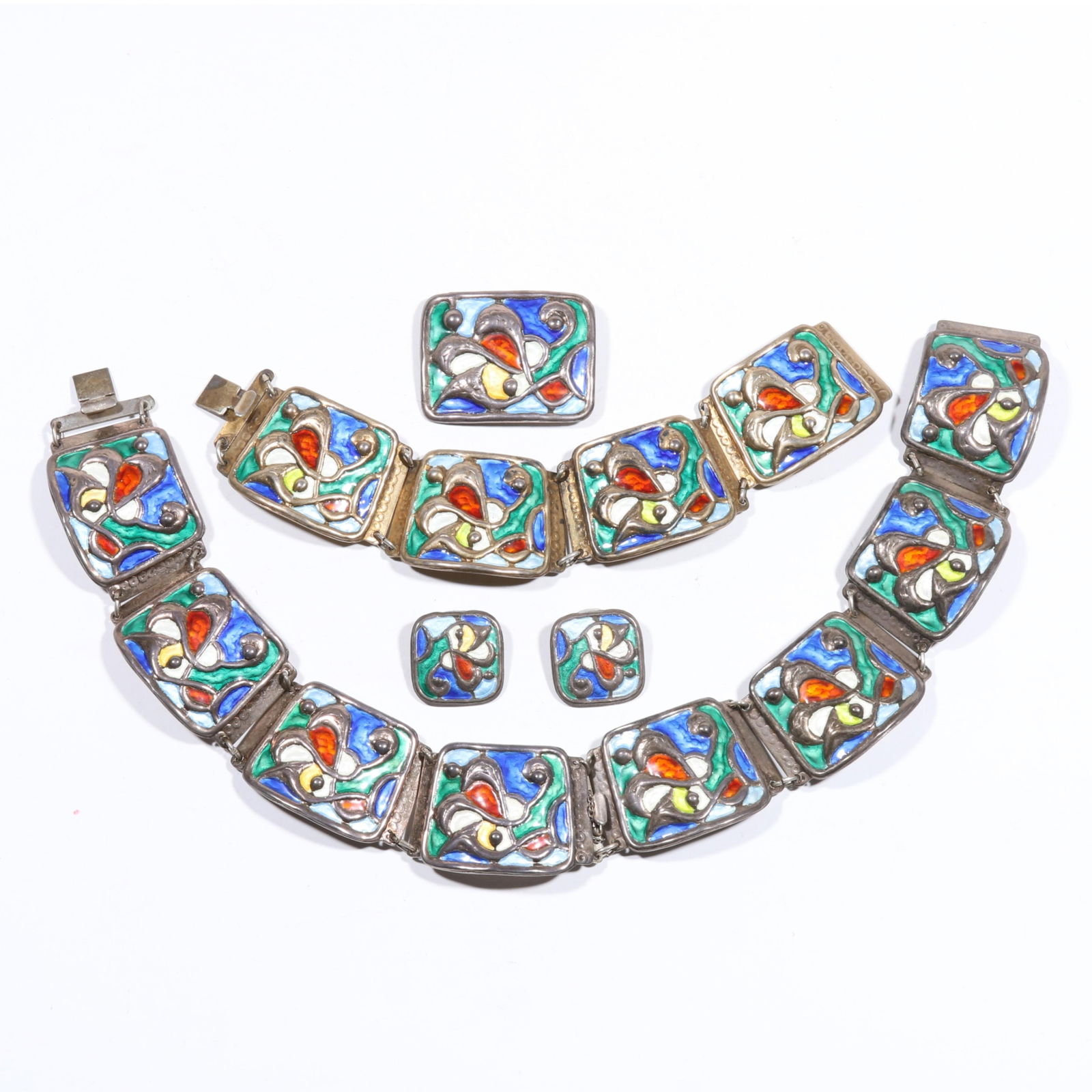 Oystein Balle Norway Modernist mid century multi colored enamel swirls on sterling panel set; (1 of 14)