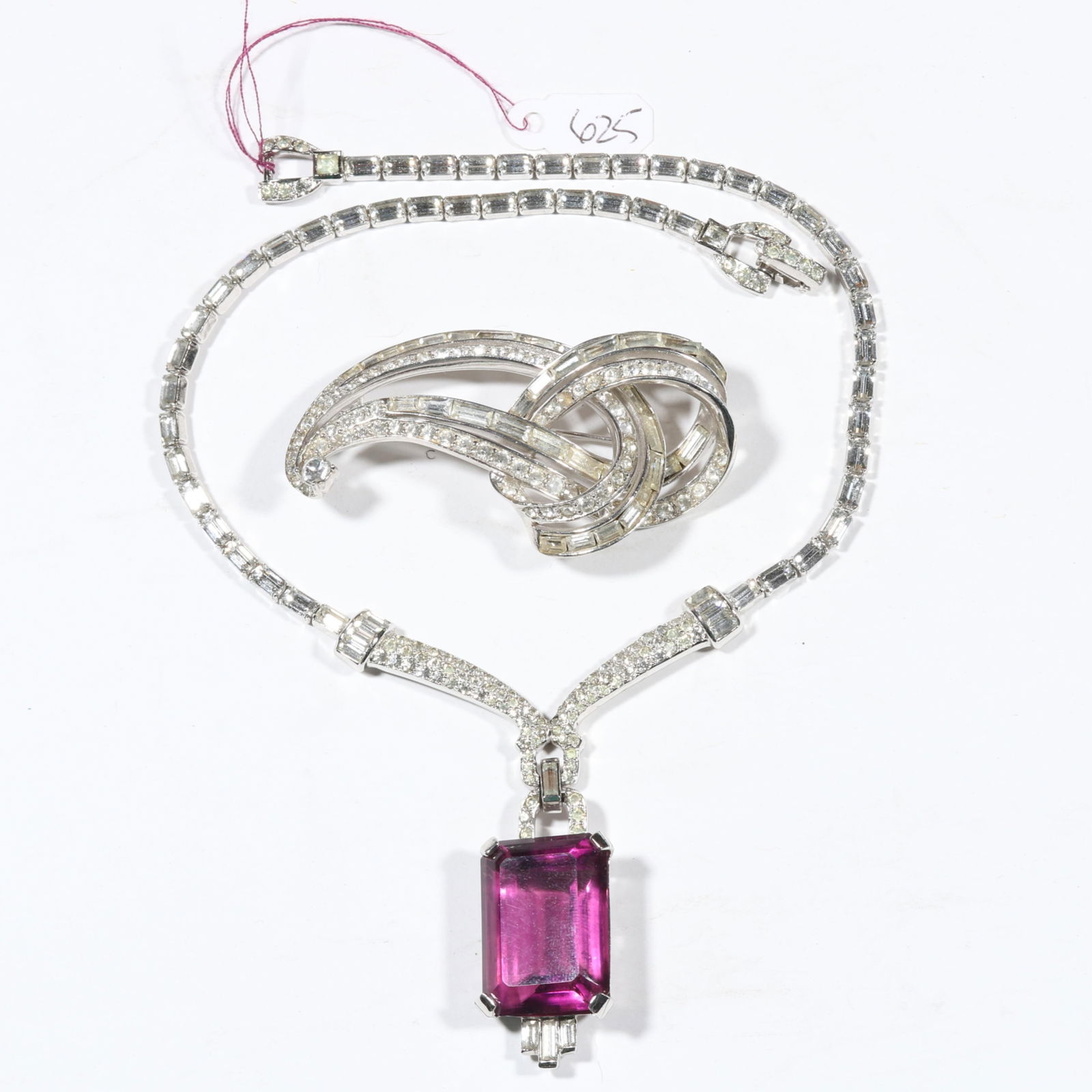 Vintage Retro / Art Deco Mazer Bros faceted violet crystal and diamante rhinestone necklace with: Vintage Retro / Art Deco Mazer Bros faceted violet crystal and diamante rhinestone necklace with Boucher diamante rhinestone brooch. 14 1/4"L x 2 1/2"W
