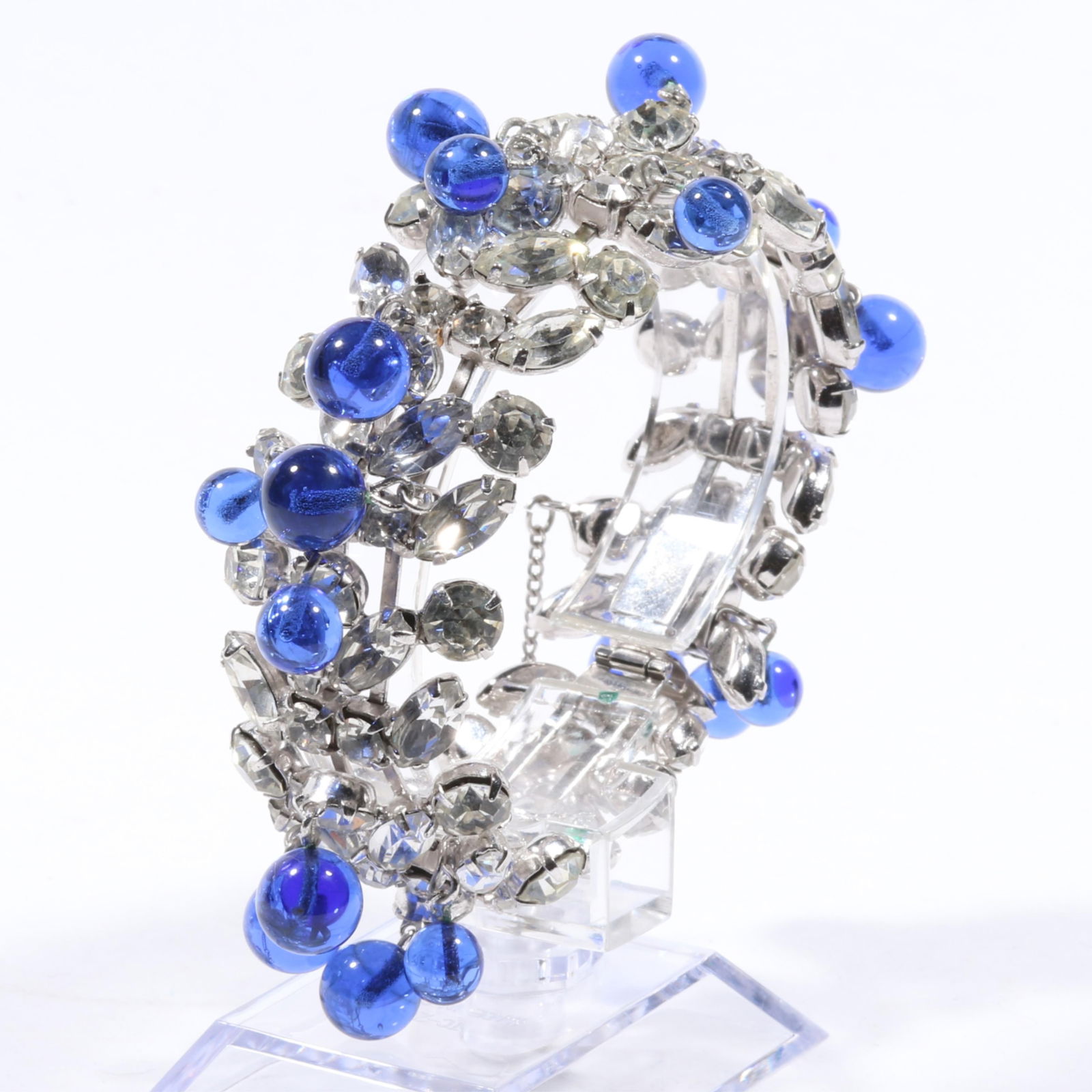 Kramer of New York blue glass bauble bracelet with diamante crystal rhinestones. 7 1/8"L x 1"W (1 of 8)