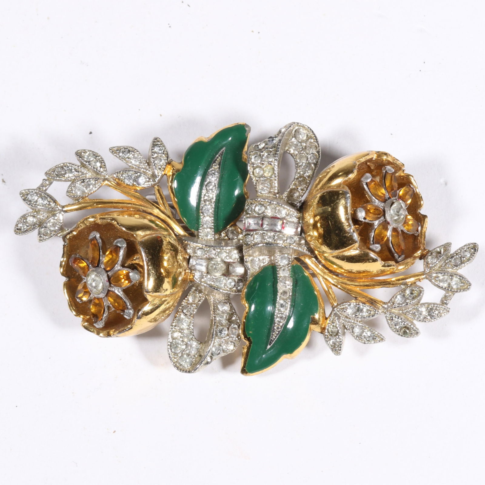 Vintage Coro Duette Quivering Camilla floral trembler flower dress clip brooch. 1 1/2"H x 2 7/8"W: Vintage Coro Duette Quivering Camilla floral trembler flower dress clip brooch. One replaced stone. 1 1/2"H x 2 7/8"W