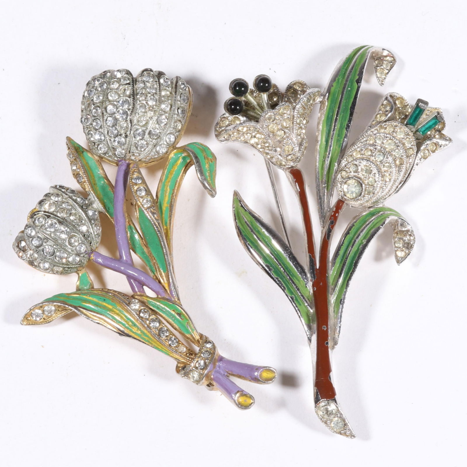 Pair of unsigned Coro? vintage enamel and rhinestone crystal floral brooches, one trembler. 3 3/8"H (1 of 8)