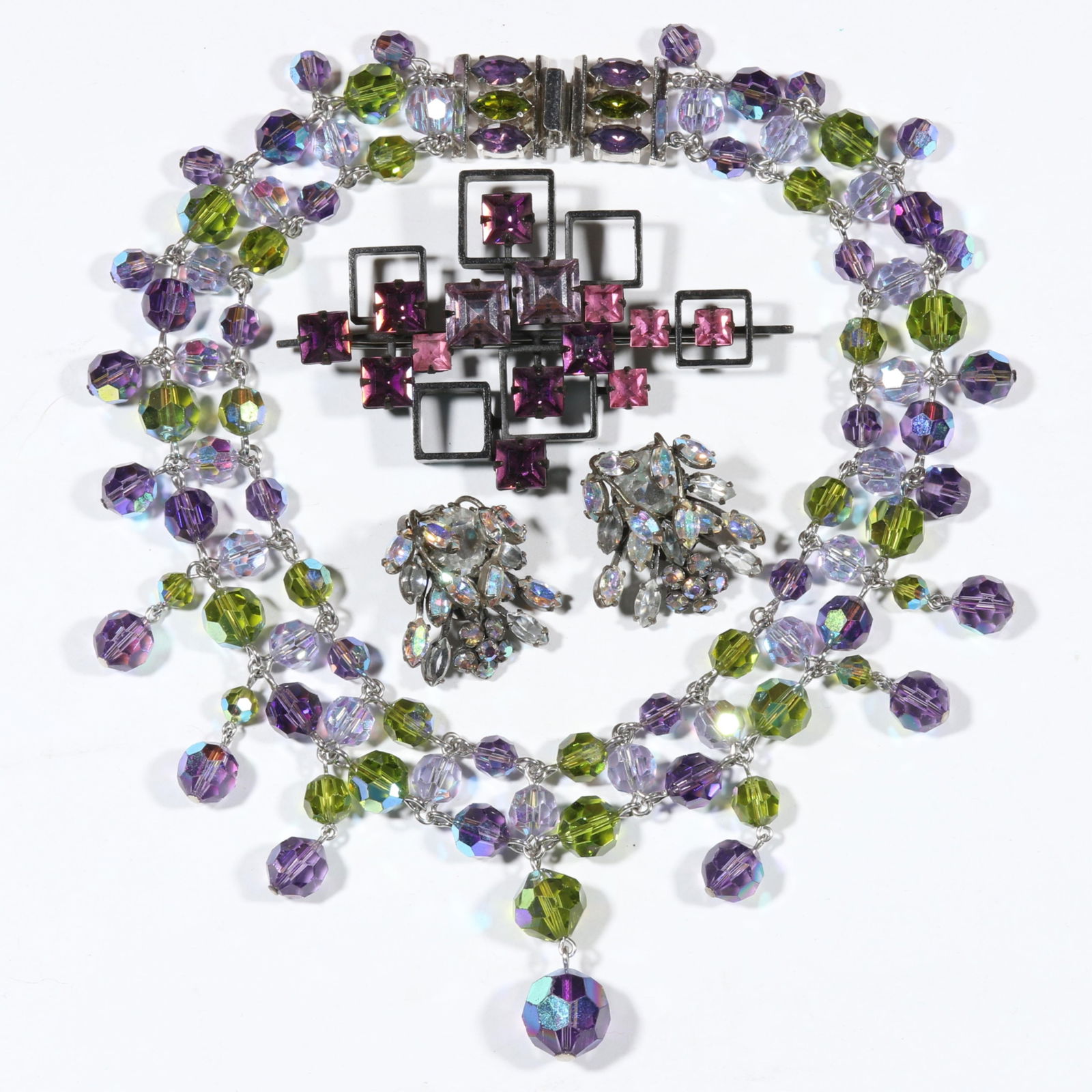 Vintage 3pc. costume jewelry group with Sherman glass crystal beaded necklace, unsigned Schreiner (1 of 9)