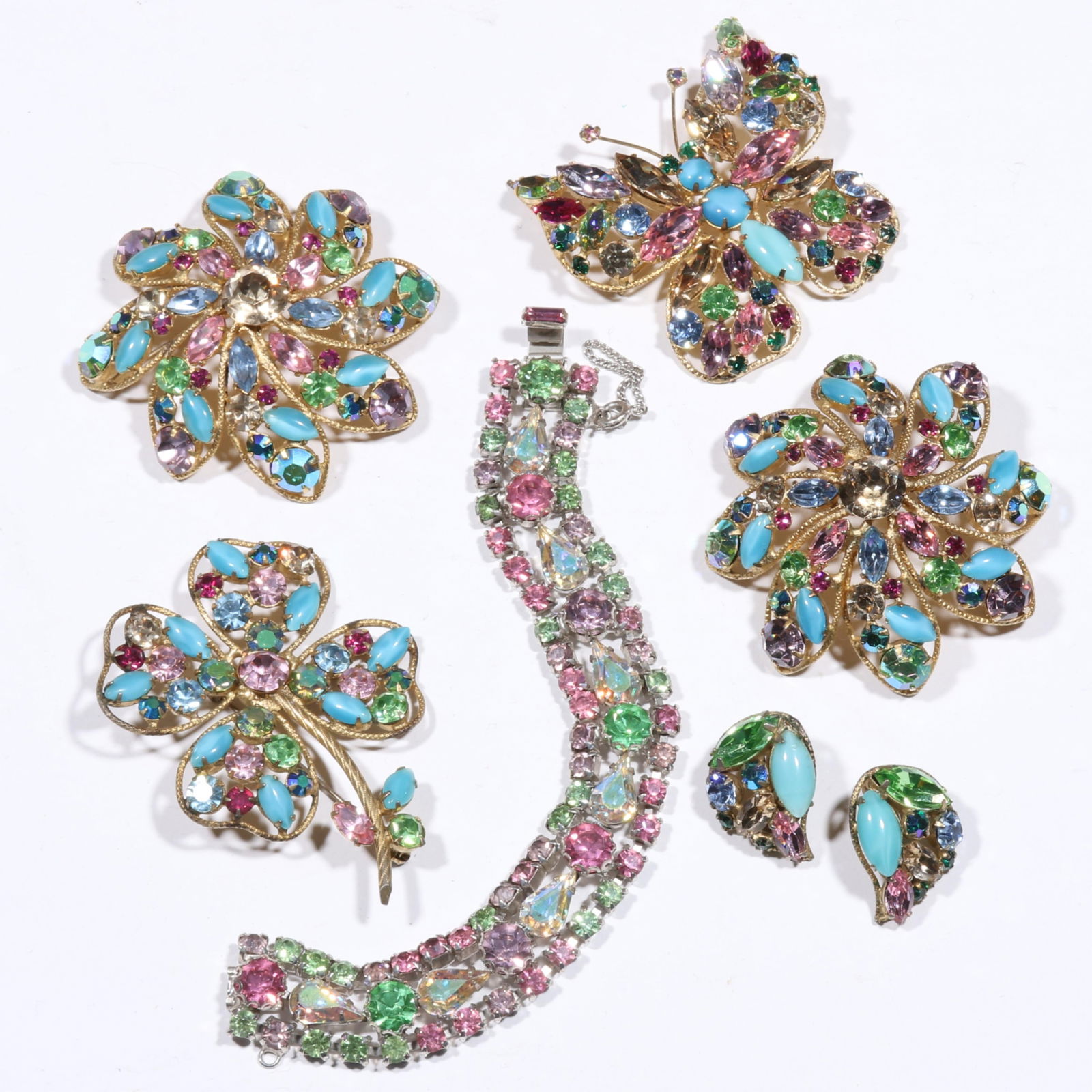 Vintage Regency signed and unsigned spring color figural rhinestone crystal jewelry group. 7 1/4"L x (1 of 8)