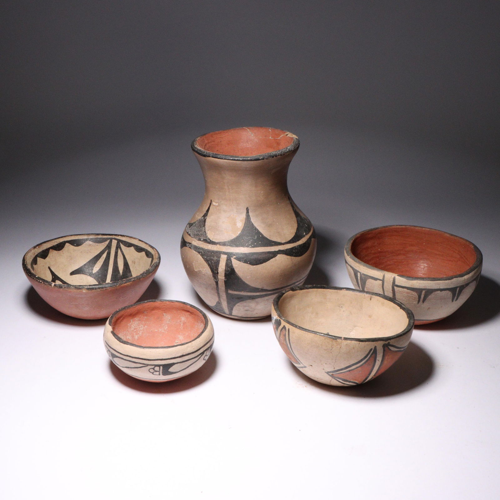 Native American Southwestern polychrome pottery vessels including Santo Domingo, 5pc. 6 1/4"H x 5 (1 of 9)
