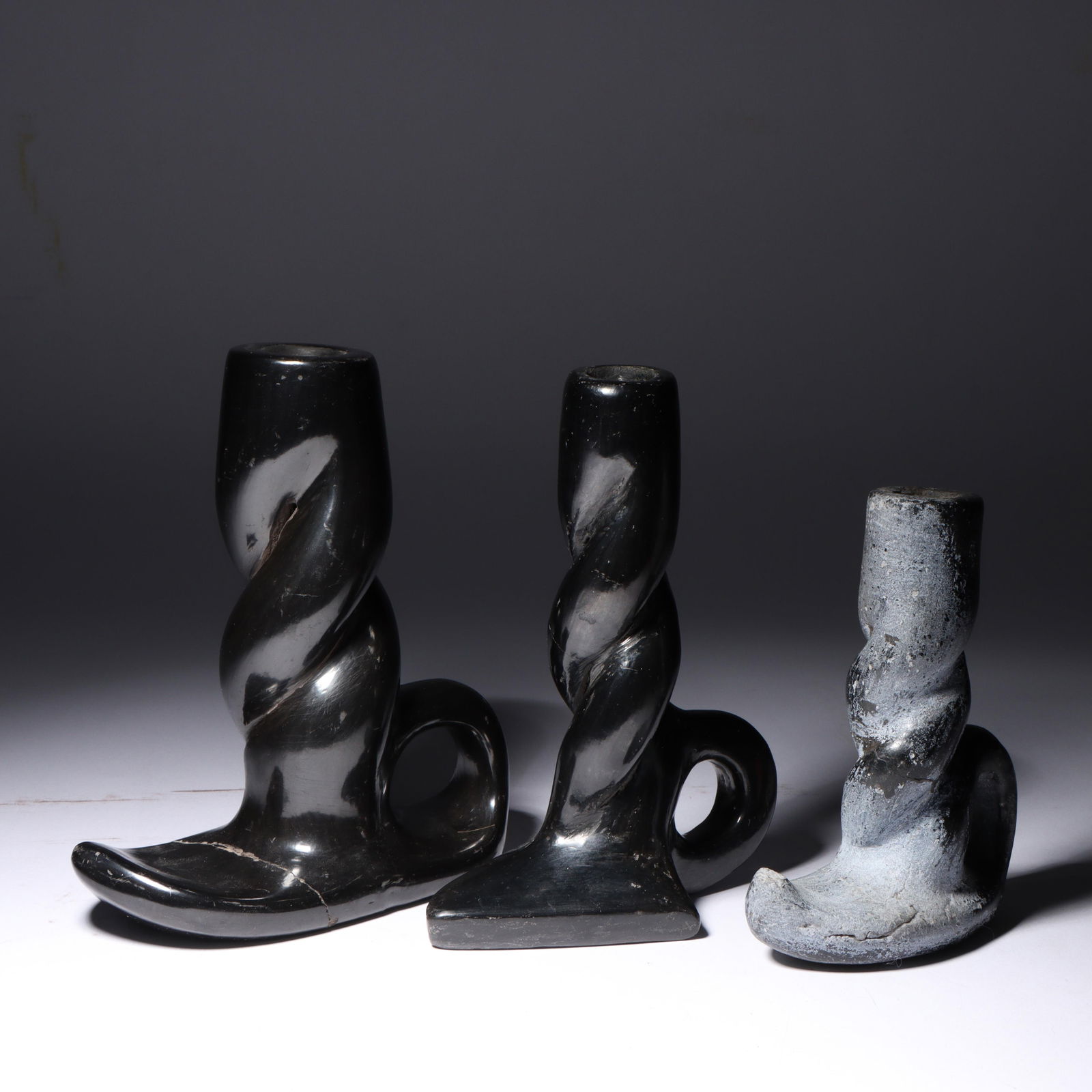 Native American Southwestern Santa Clara blackware pottery 3pc. twist candlesticks, one signed. 6: Native American Southwestern Santa Clara blackware pottery 3pc. twist candlesticks, one signed. 6 3/4"H x 6"W (largest)