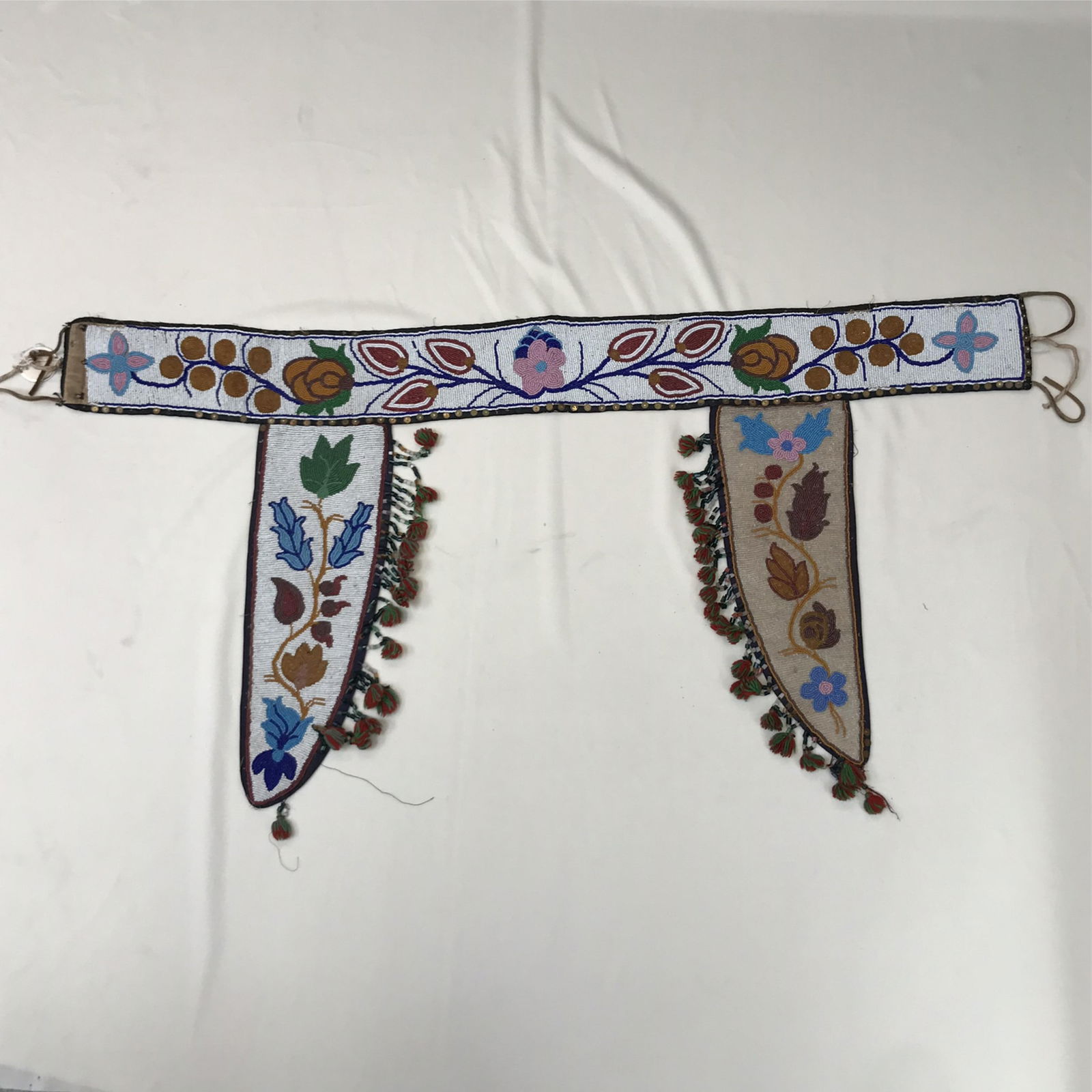 Authentic Woodland Beaded Dance Belt belt is 40 1/2" long x 4" wide, flaps are each 15" long x 5 (1 of 18)