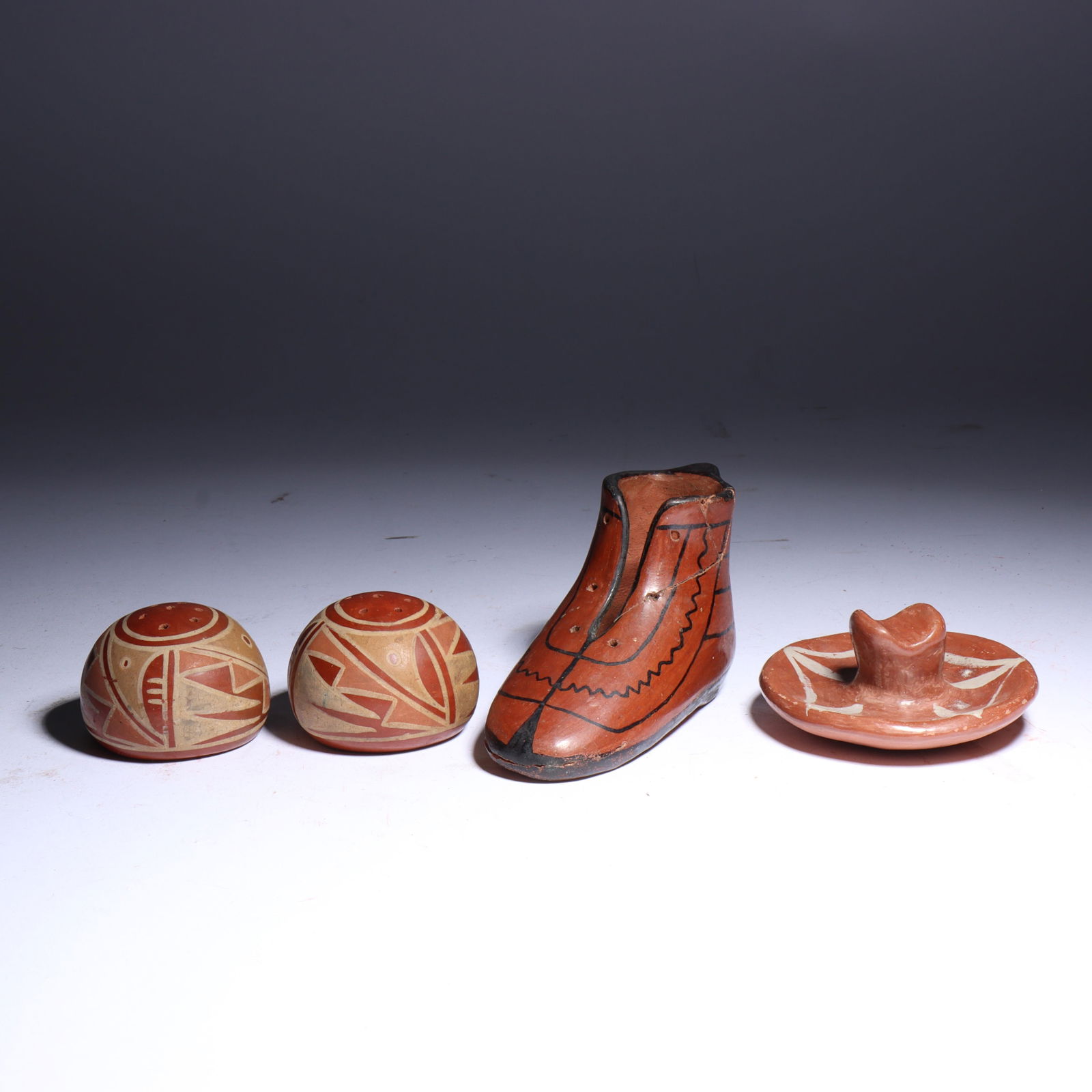 Group of Native American Southwestern Santa Clara? polychrome pottery works, including salt and (1 of 7)