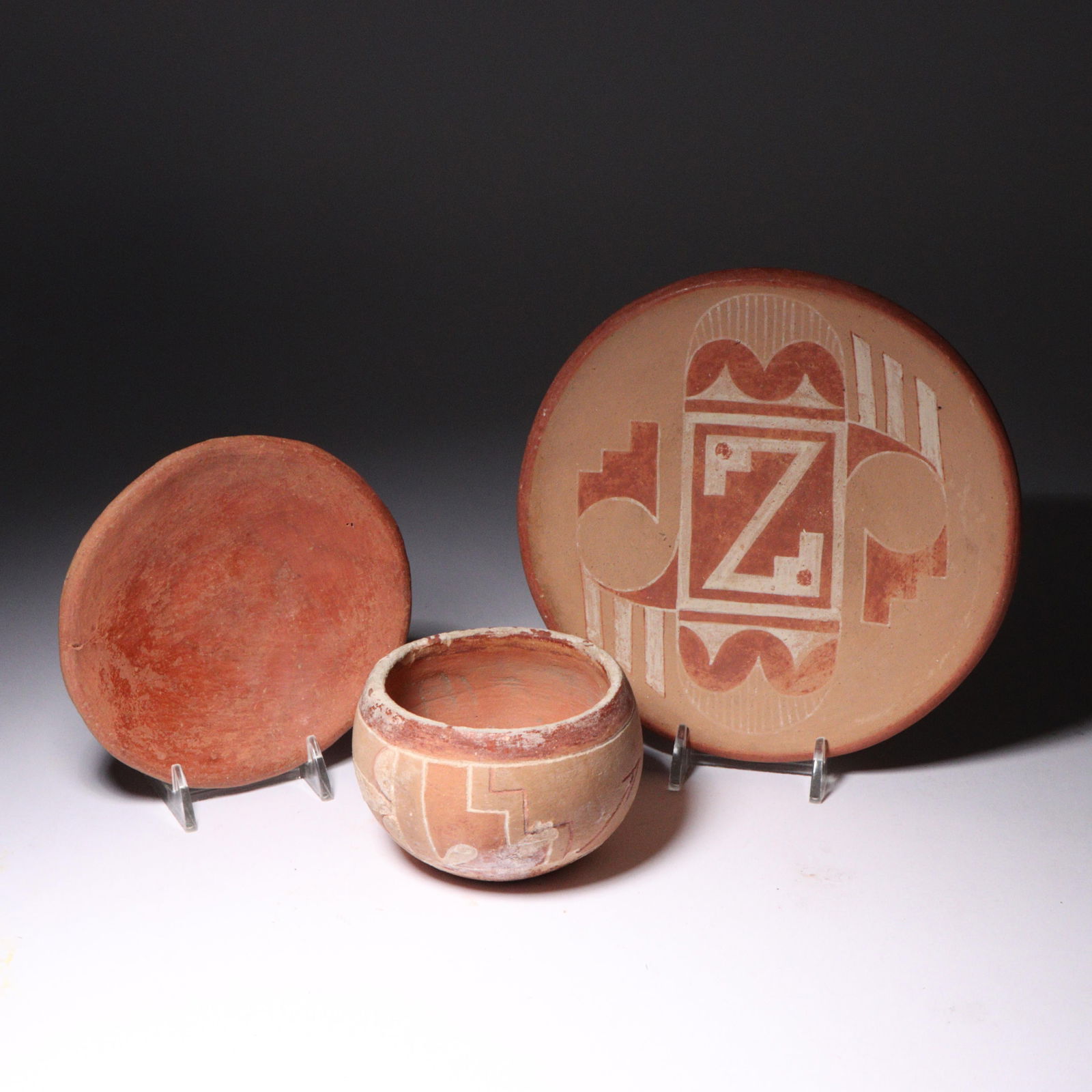 Group of 3 Native American Southwestern San Juan? redware pottery dishes and bowl 6 1/2"Diam. (1 of 5)