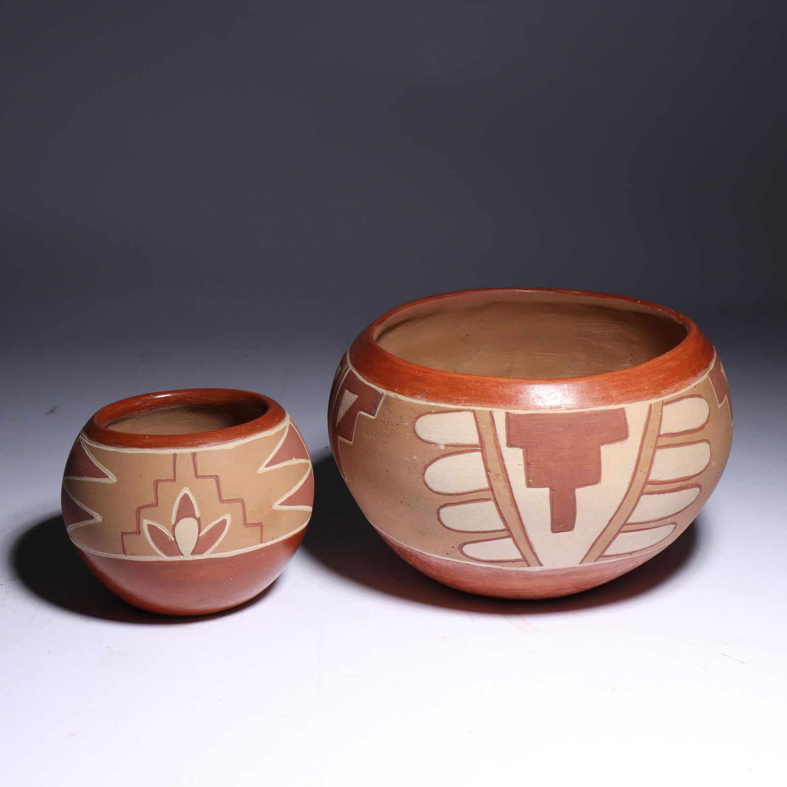Pair of San Juan polychrome redware pottery jar and bowl vessels. 4 1/2"H x 6 1/2"W (largest) (1 of 6)