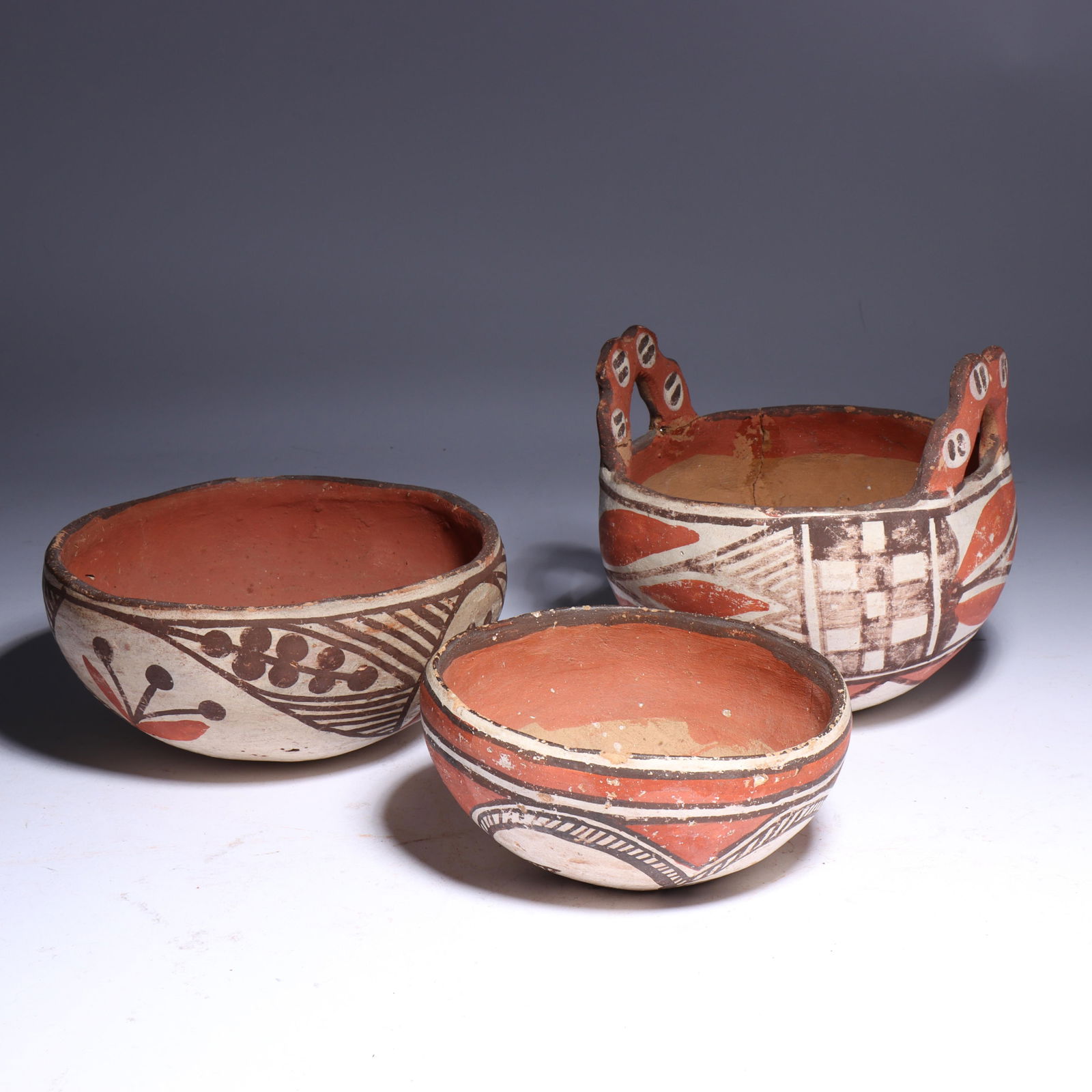 Group of 3 Early 20th Century Native American Old Isleta Pueblo pottery polychrome bowls / handled (1 of 7)
