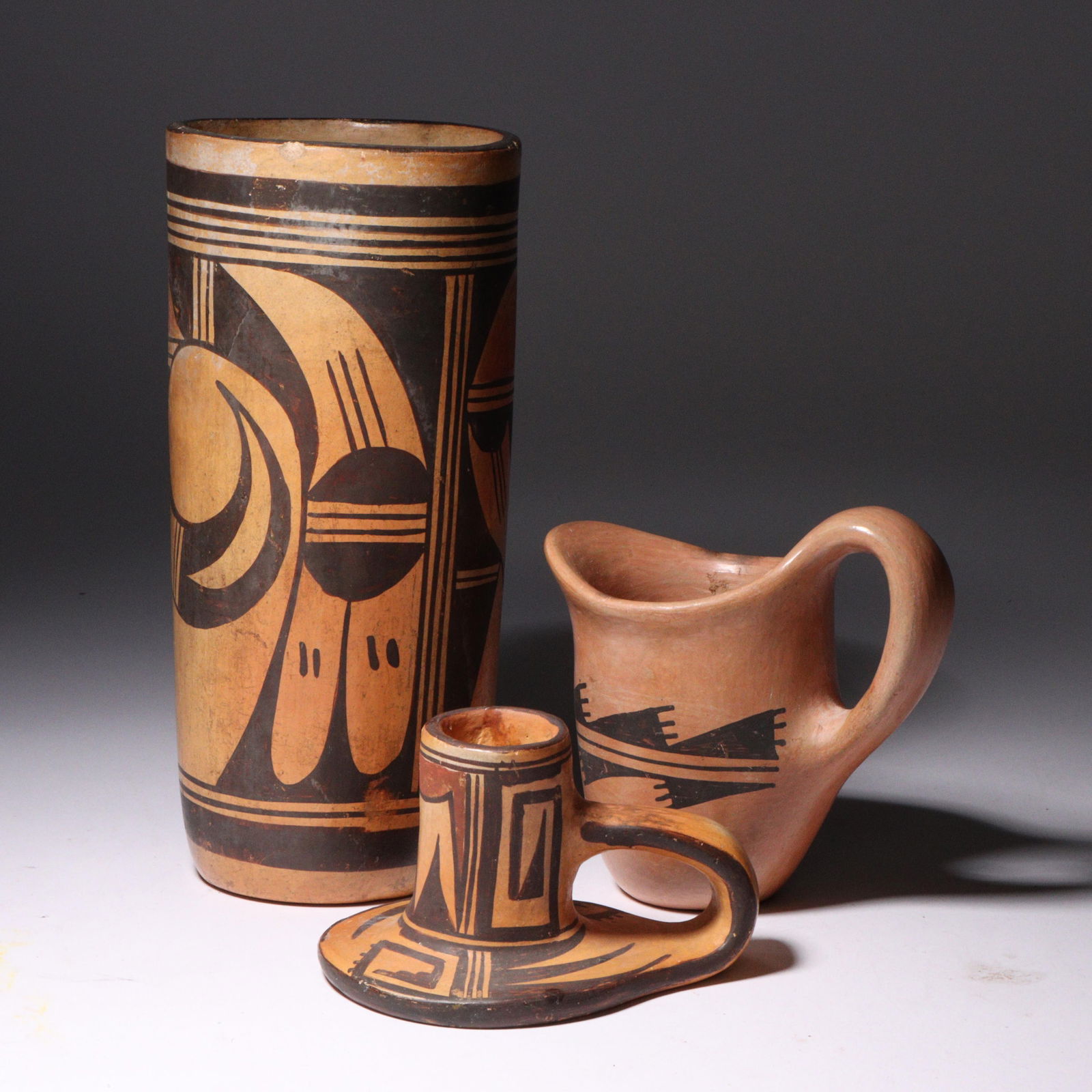 Three Native American polychrome pottery vessels: Hopi vase and candlestick, creamer pitcher. 8 (1 of 6)