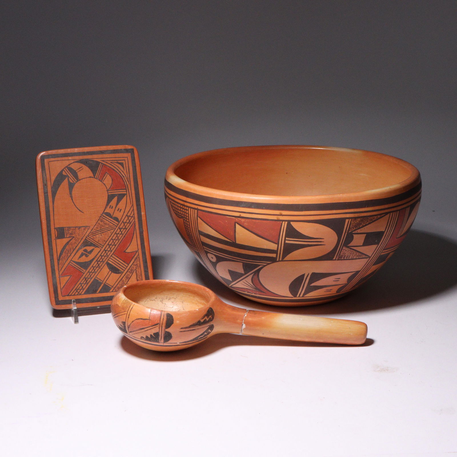 Hopi Native American polychrome pottery, 3pc: tile, bowl, and ladle 4 3/4"H x 9" diam. (largest) (1 of 5)
