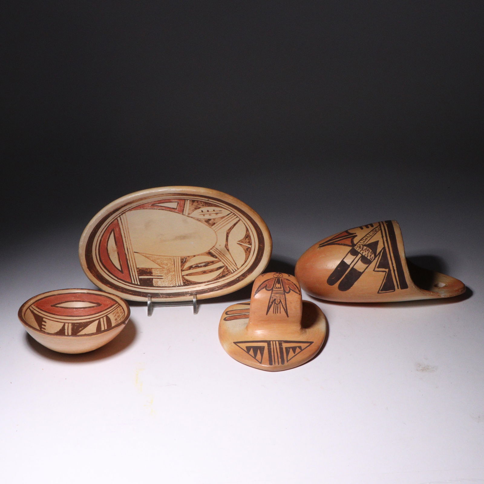 4pc group of Native American Southwestern Hopi? polychrome pottery works, including two bowls, wall (1 of 6)
