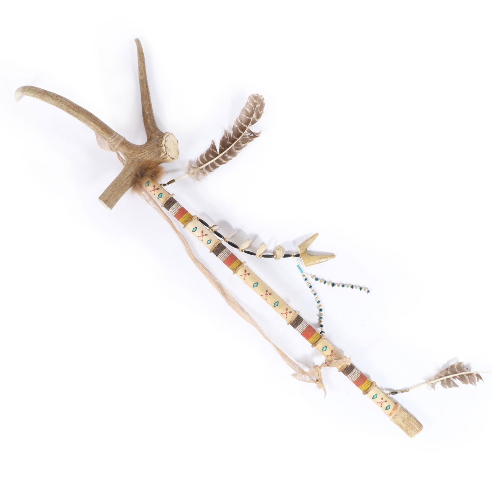Large antler dance stick decorated with slices of antler, beads, turkey feathers and painted (1 of 10)