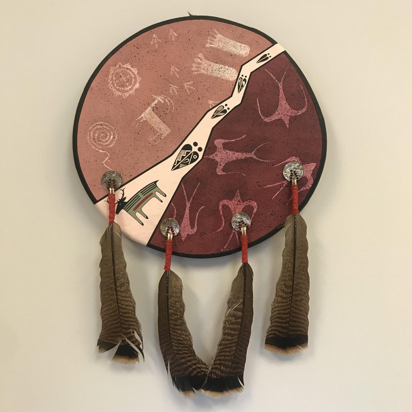 Decorative Shield with Petroglyph Designs by Ralph Aragon, San Felipe Pueblo 18" L x 19" W (1 of 5)