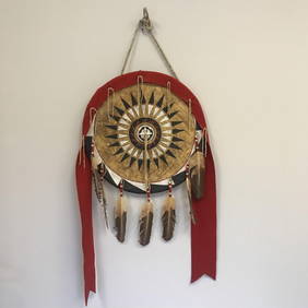 Black War Bonnet Society Lakota Sioux Shield Shield: 21" L x 21" W, Overall length including hanging (1 of 5)