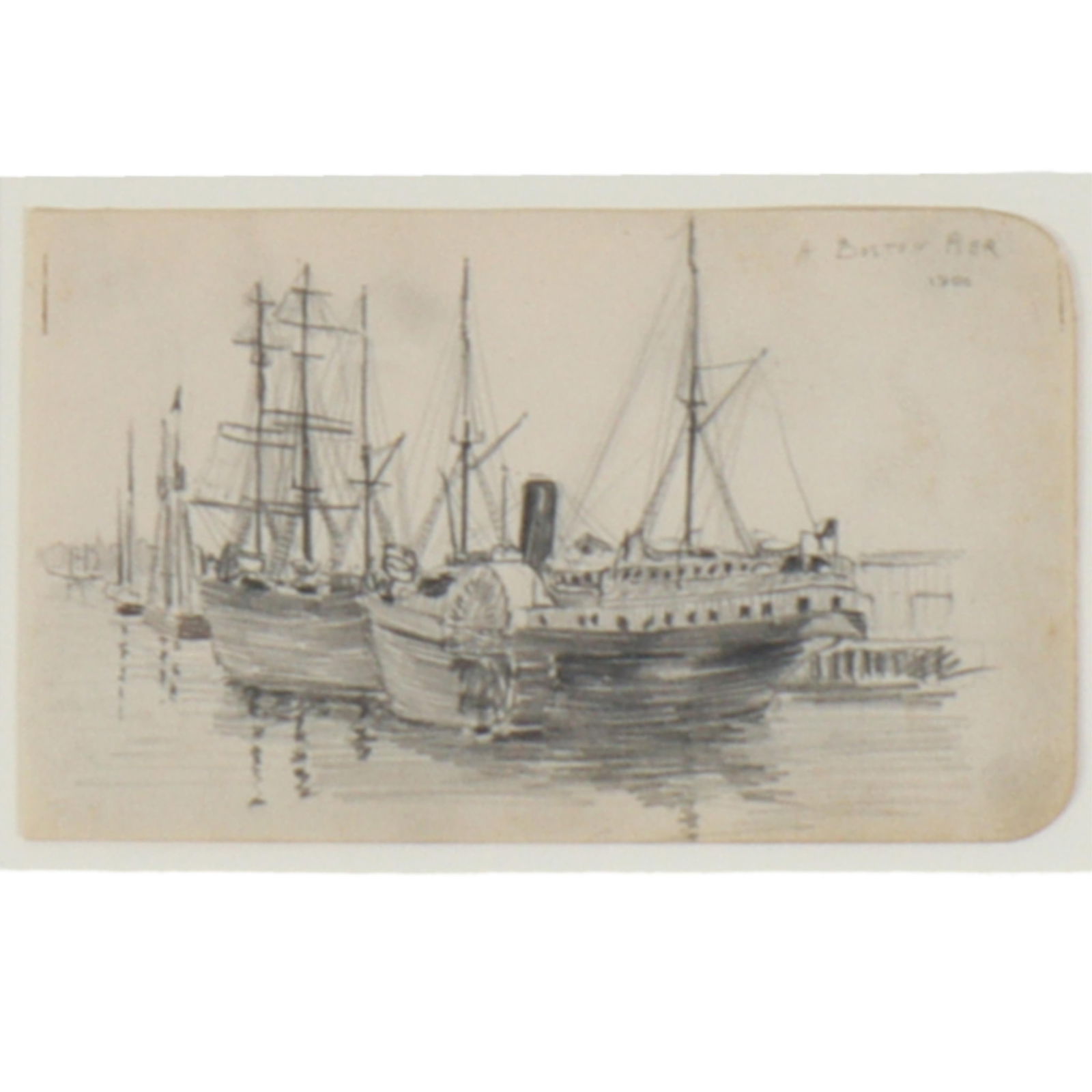 Boston Pier, 1900, small graphite pencil study, American School, drawing with ferry boat and (1 of 6)