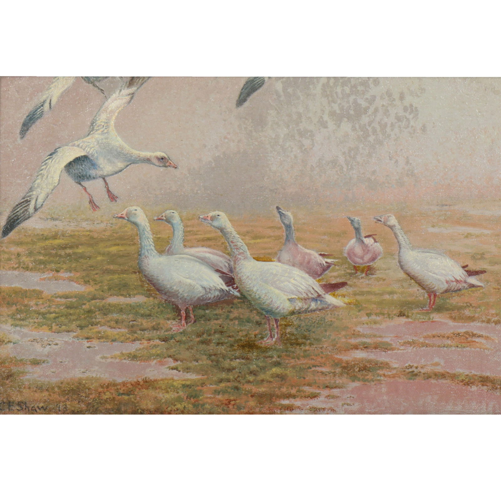 Charles E. Shaw, UK (19/20th century), Geese in a landscape, 1918, oil on board, 11 1/2"H x 17 (1 of 8)