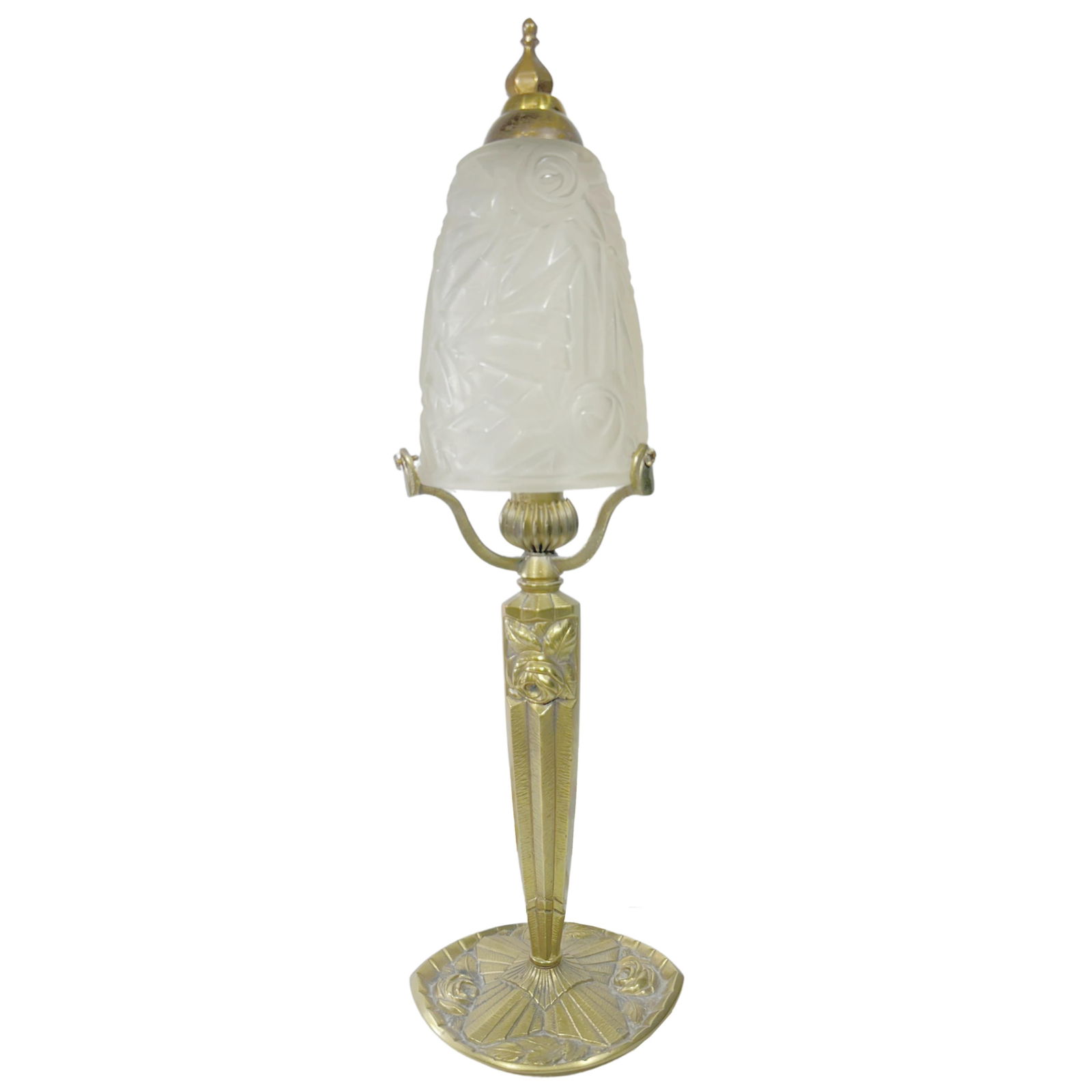 French Art Deco frosted glass shade rose flower motif brass boudoir table lamp. 17 1/2"H x 3 1/2"W (1 of 12)