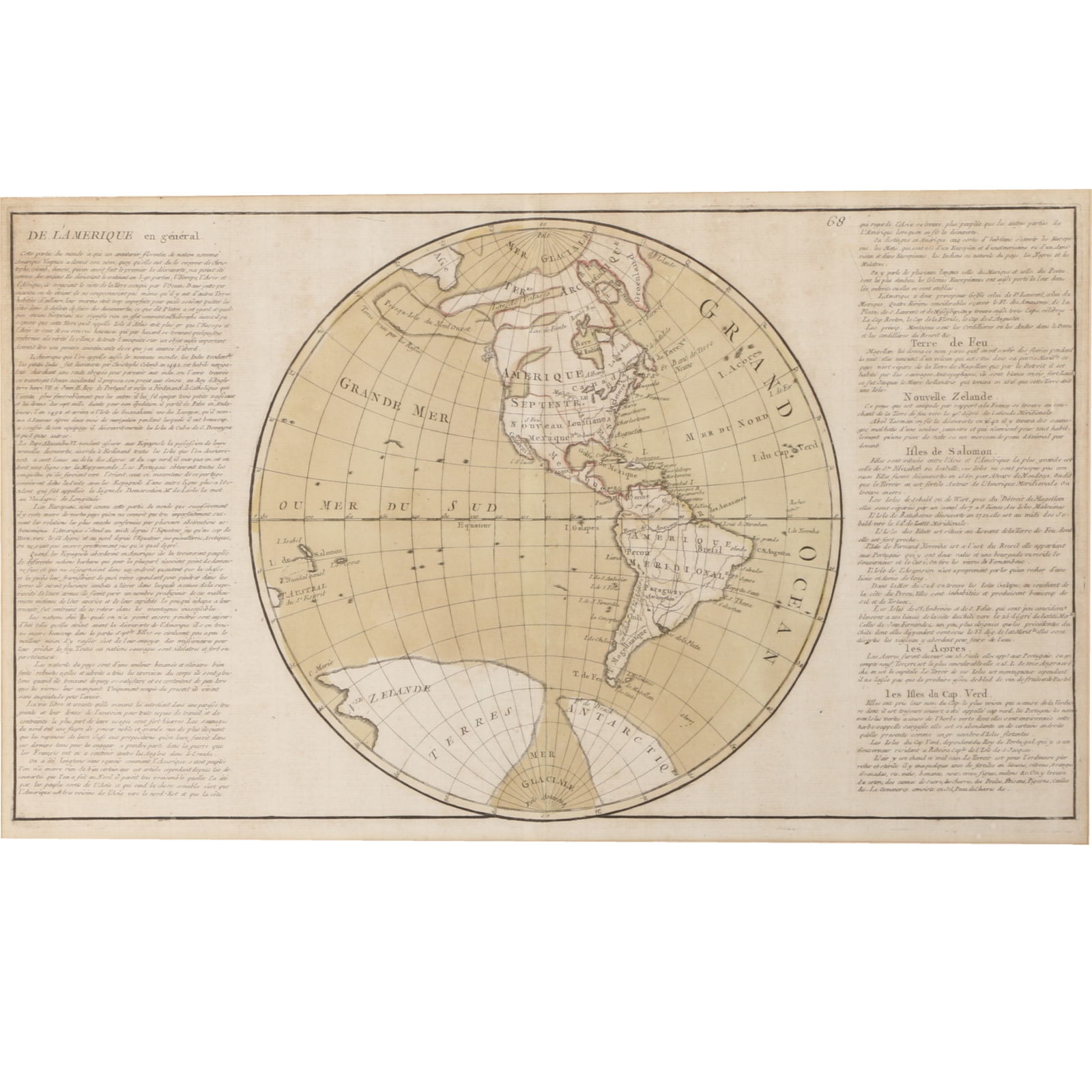 18th century Map of the Americas by Jean Baptiste Louis Clouet (c. 1730-1790), copper, engraving on: 18th century Map of the Americas by Jean Baptiste Louis Clouet (c. 1730-1790), copper engraving on papier verge with two watermarks: grape bunch in a circle, and some lettering. Hand colored with a cr