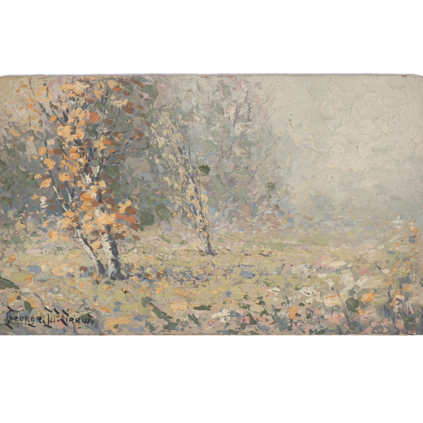 George W. Drew, New York (1875-1968), landscape with trees, oil on board, 4 1/2"H x 7 1/2"W (1 of 9)