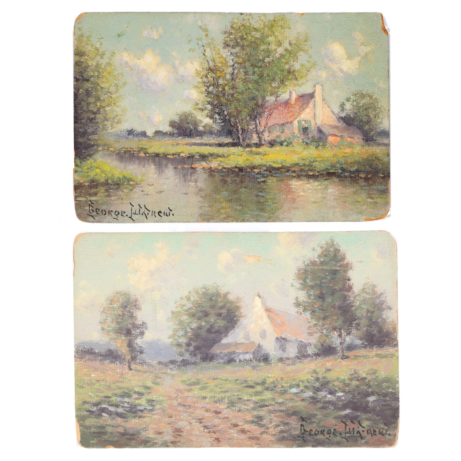 George W. Drew, New York (1875-1968), pair of landscapes with houses, oil on board, 4 1/8"H x 6"W (1 of 9)