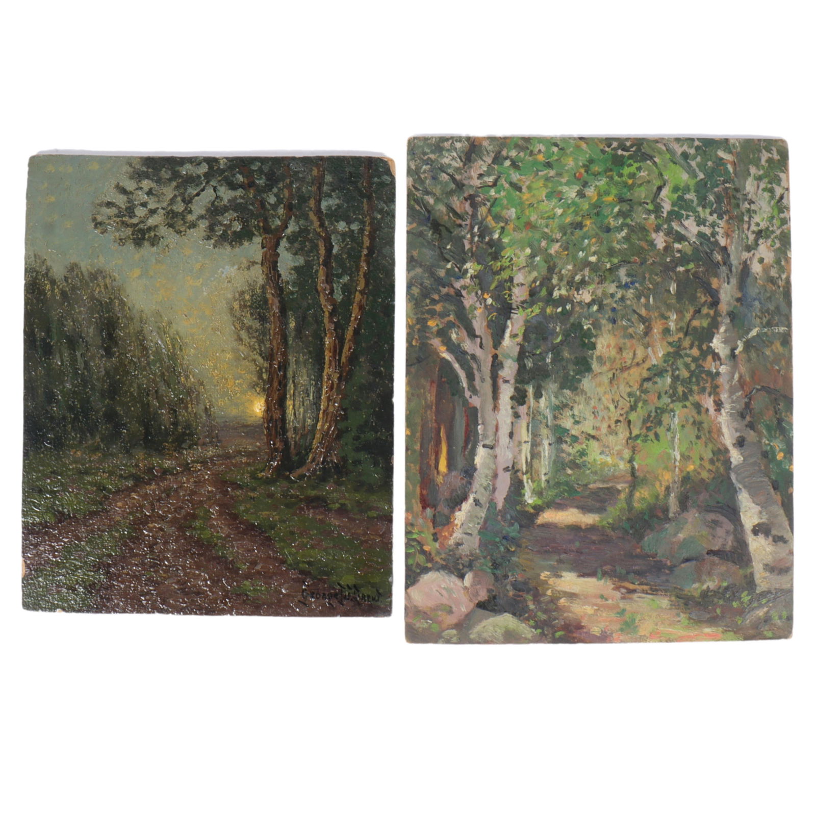 George W. Drew, New York (1875-1968), Moon Rise / wooded path landscape, oil on board, 9 1/4"H x 7 (1 of 13)